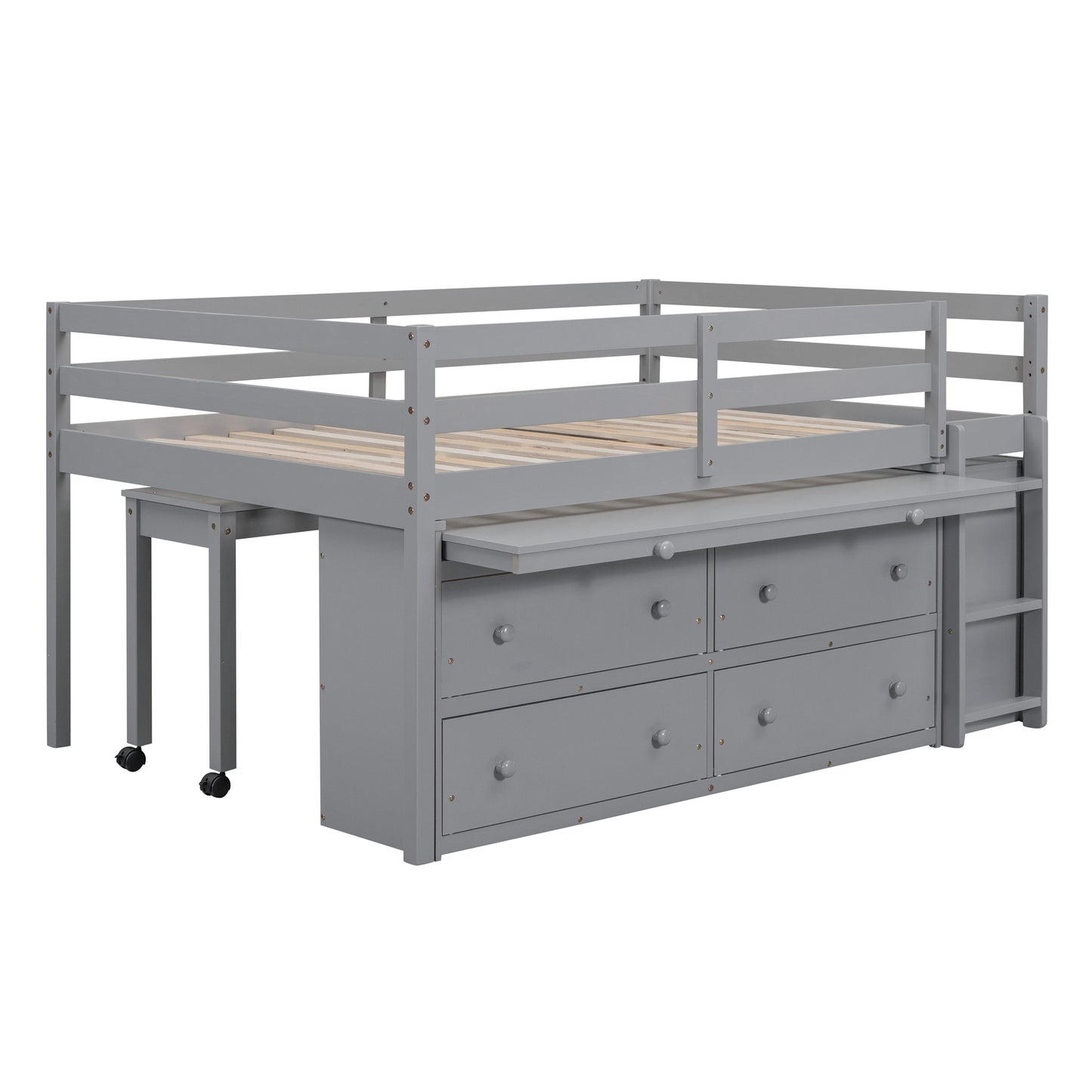 Gray loft bed with integrated desk and drawers for kids