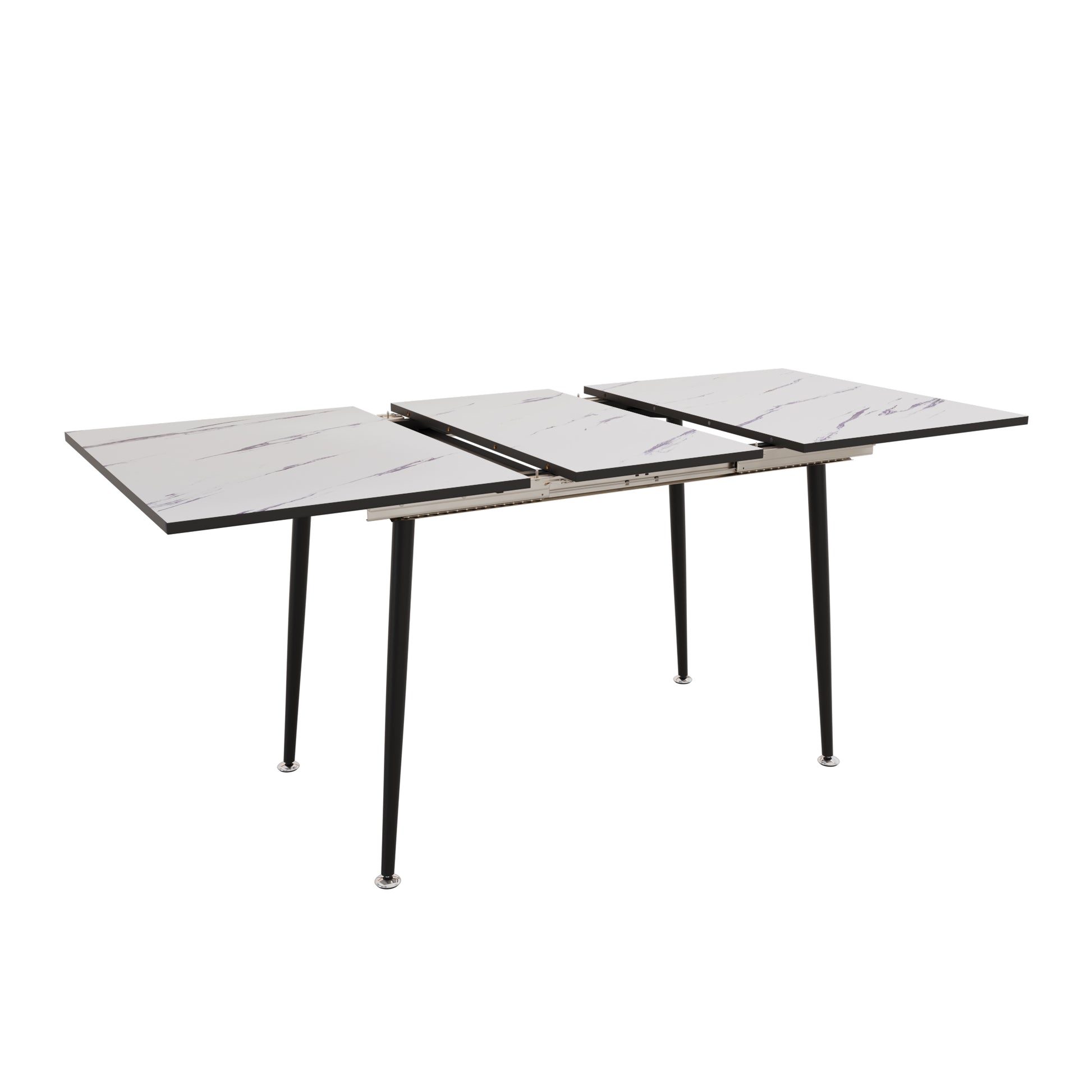 White marble dining table with black tapered legs and extending leaves