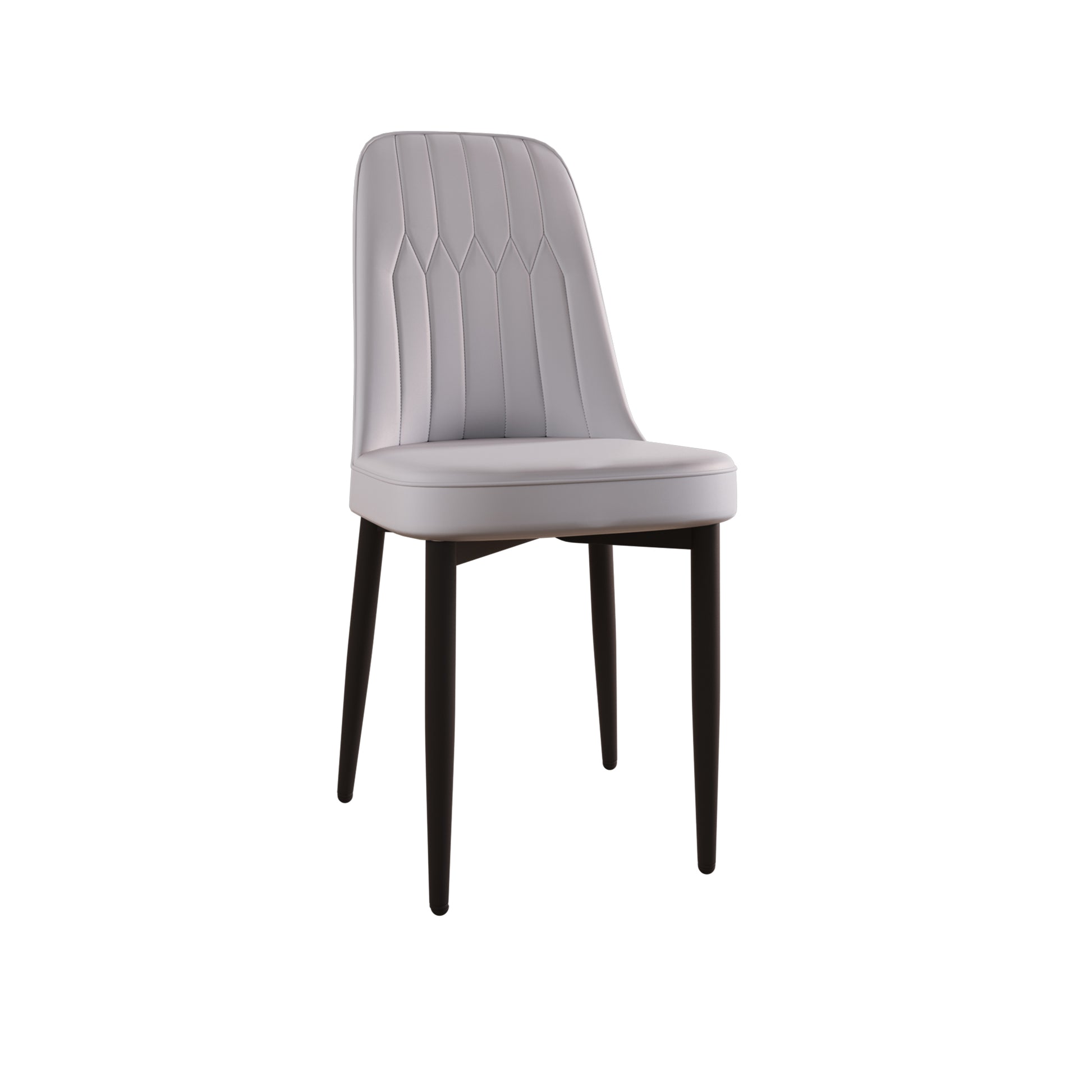 Light gray upholstered dining chair with quilted back and dark wood legs