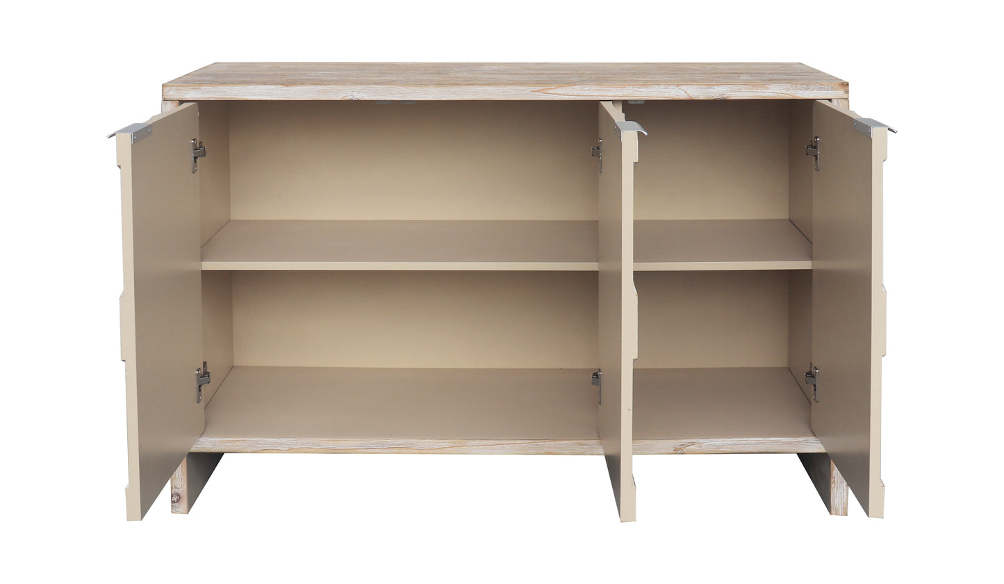 Light wood cabinet with open doors and shelves