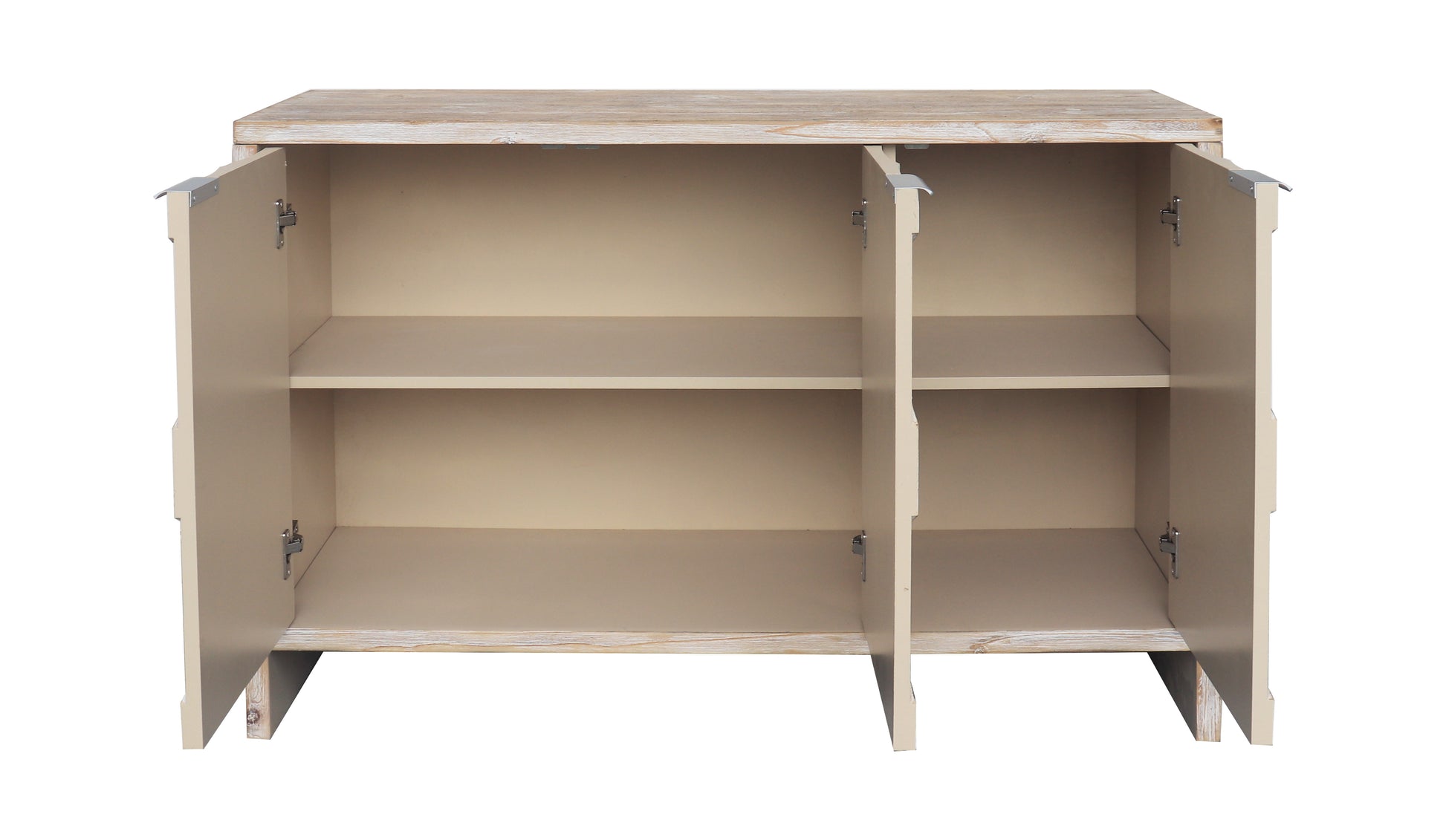 Light wood cabinet with open doors and shelves