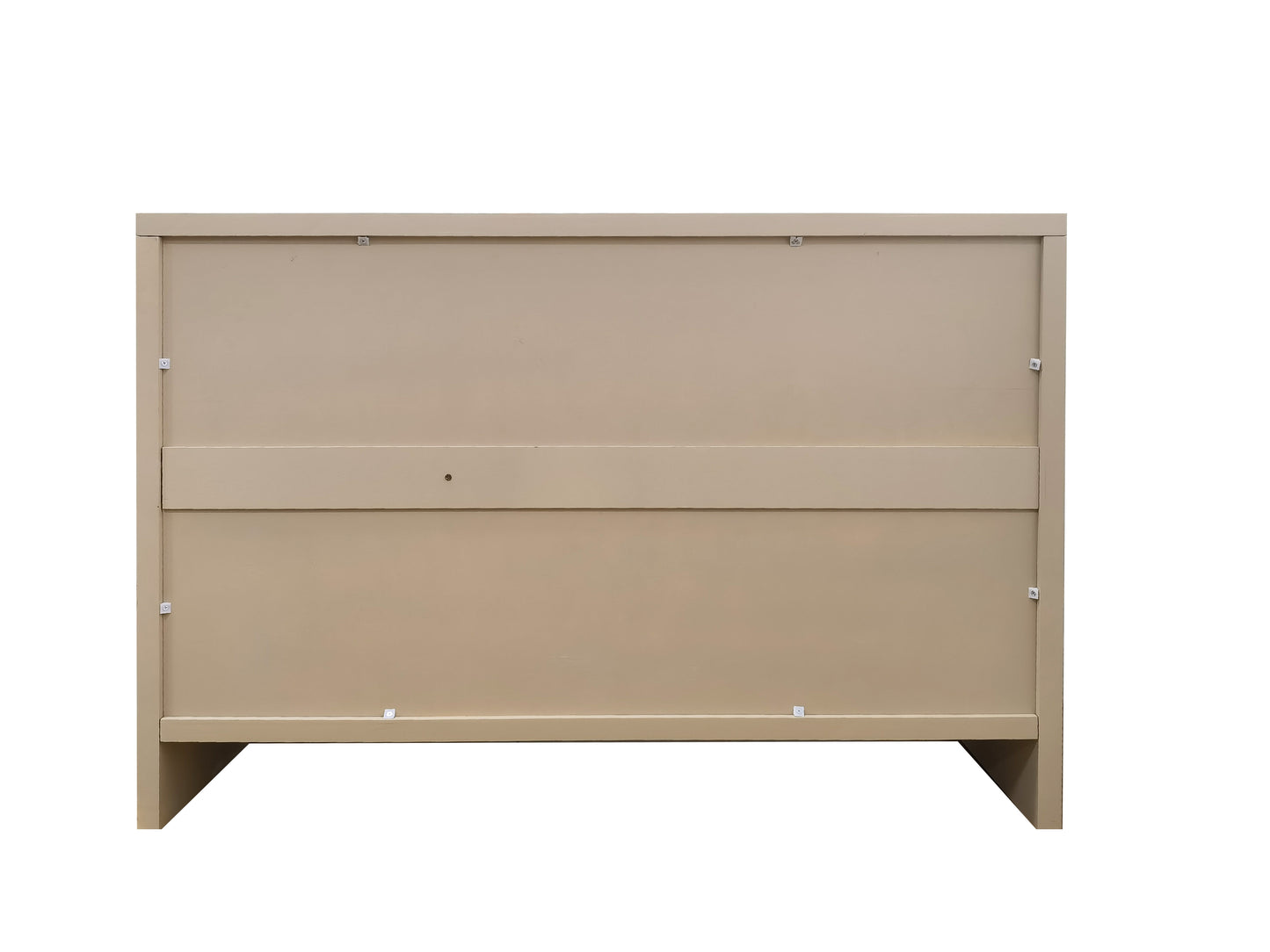 Beige wood drawer cabinet back panel with horizontal support beam