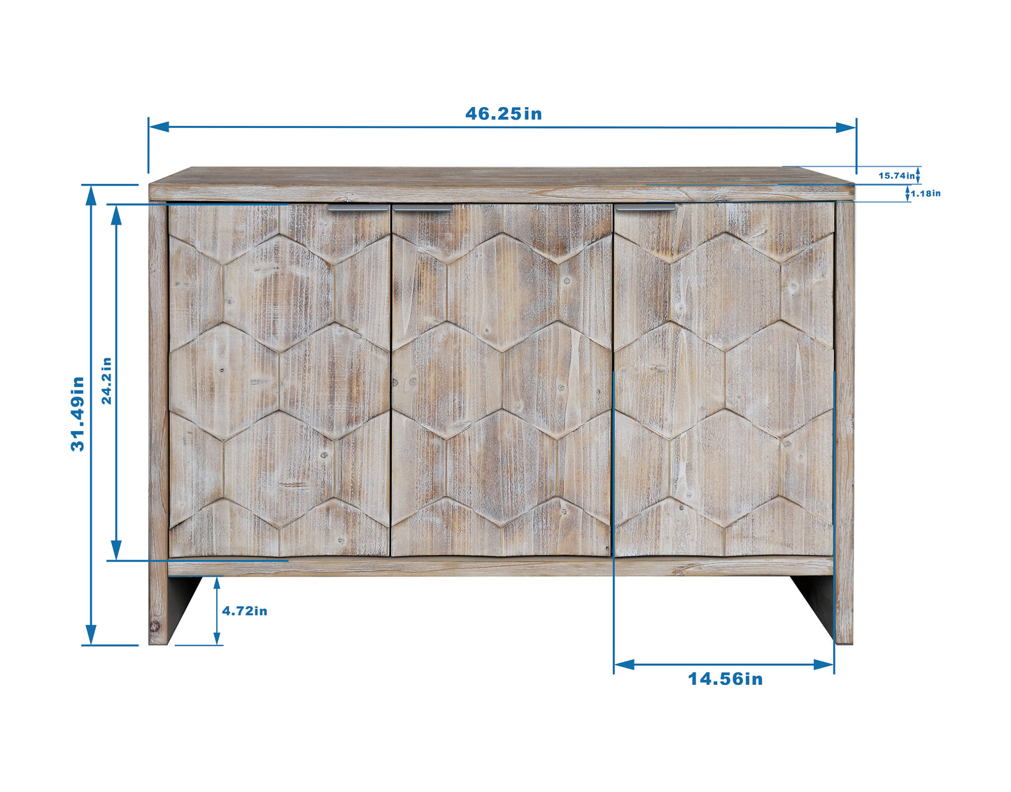 Distressed wood sideboard with geometric carved doors and silver handles