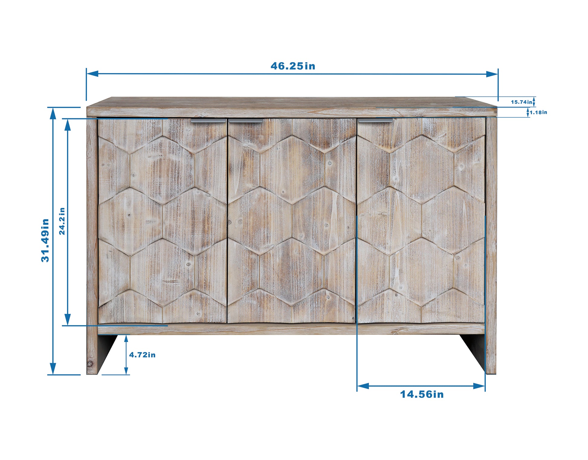 Distressed wood sideboard with geometric carved doors and silver handles