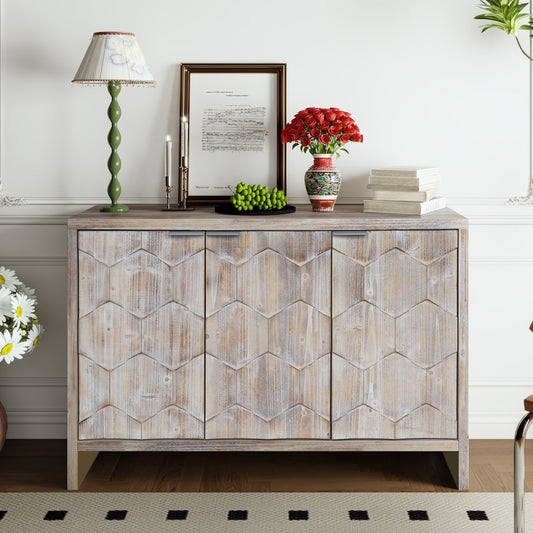 Whitewashed wood sideboard with hexagonal door fronts