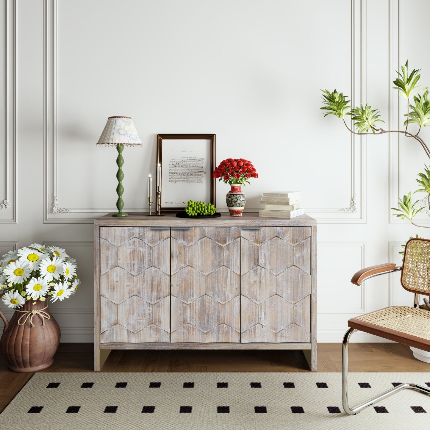 Weathered wood sideboard with geometric patterned doors