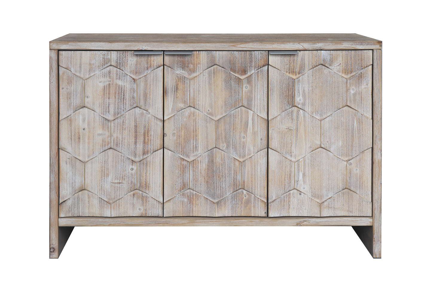 Distressed wood buffet with three geometric patterned doors and silver handles