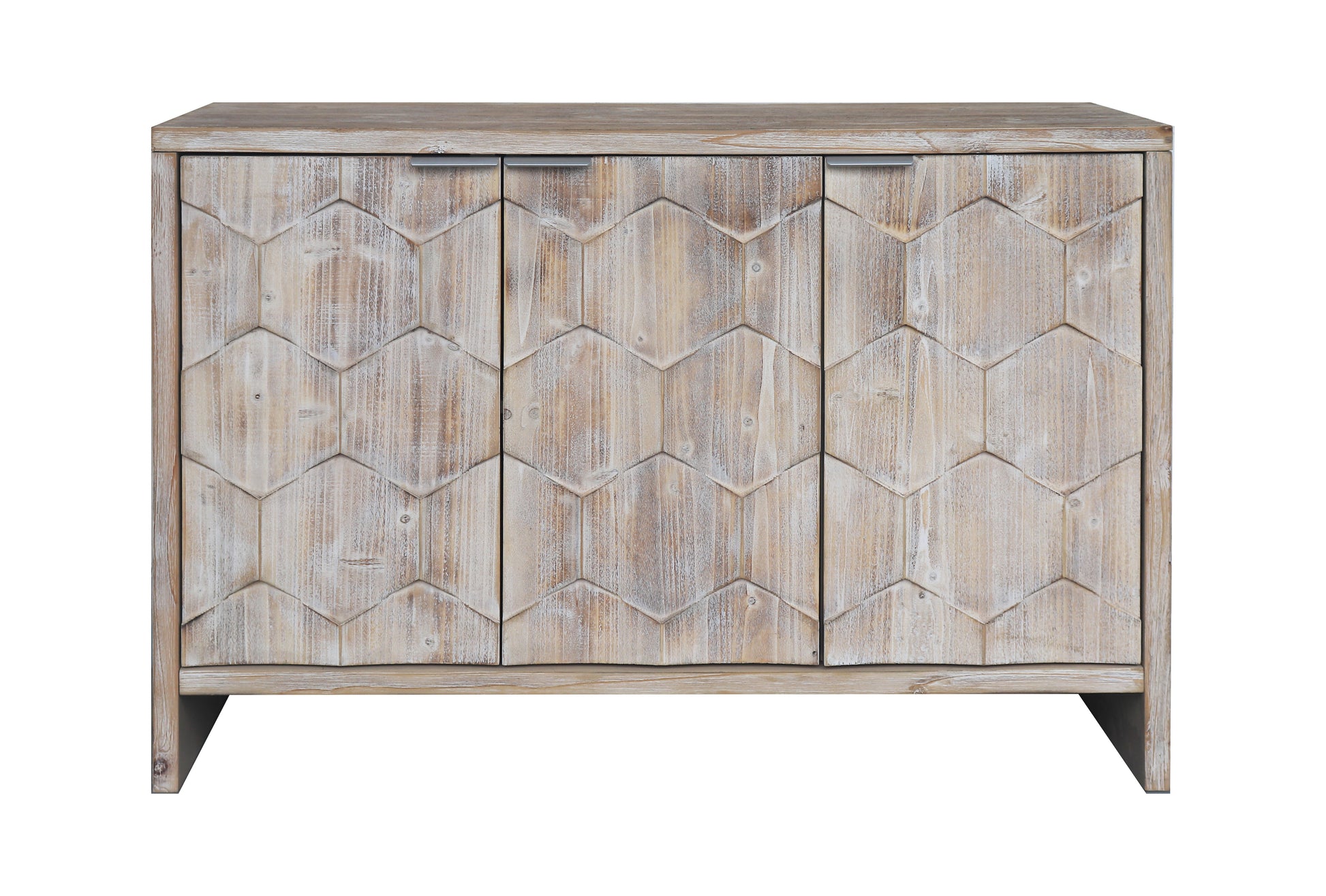 Distressed wood buffet with three geometric patterned doors and silver handles