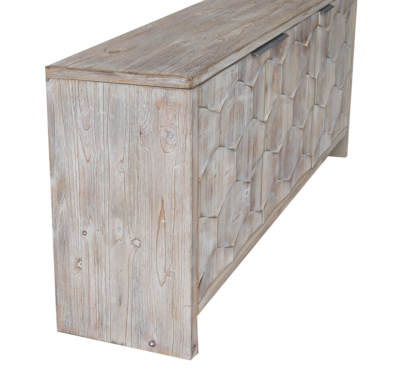 Whitewashed wood sideboard with geometric patterned doors and brushed metal handles