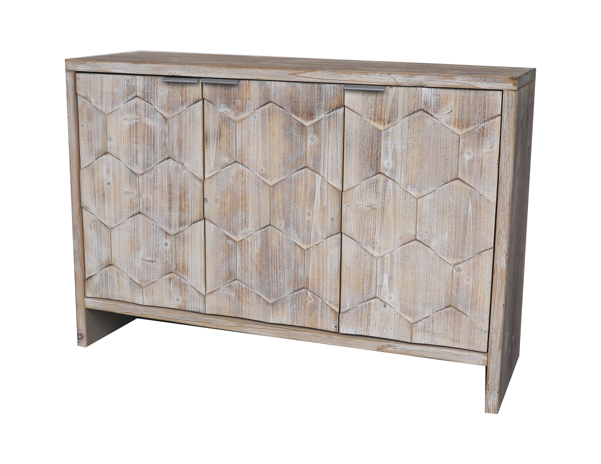 Whitewashed wood cabinet with hexagonal door fronts and silver handles