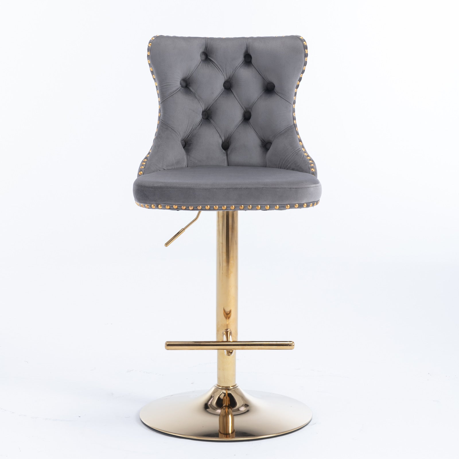 Grey velvet tufted bar stool with gold nailhead trim and gold pedestal base