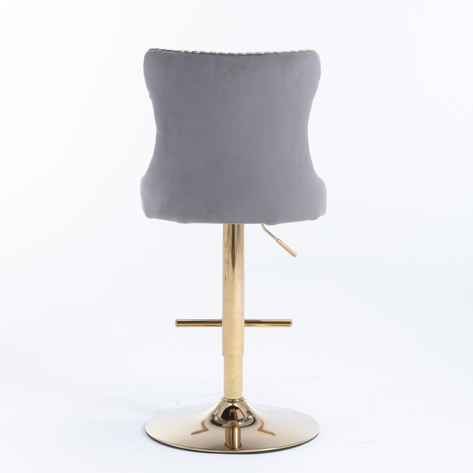 Grey velvet bar stool with gold base and adjustable height