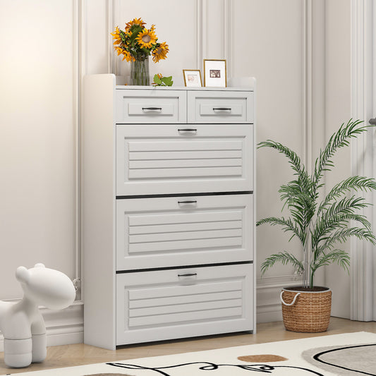 White tall shoe cabinet with slatted drawers and black handles
