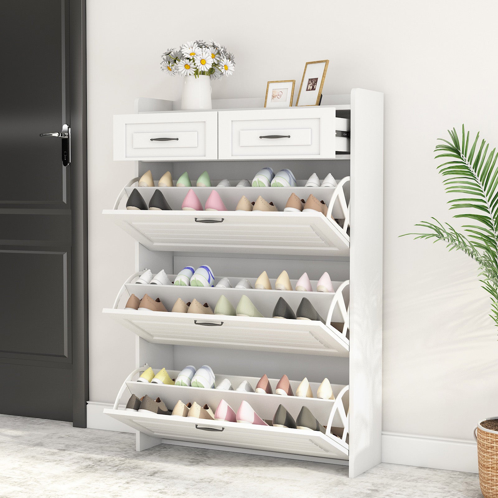 White narrow shoe cabinet with slatted flip drawers holding various womens shoes