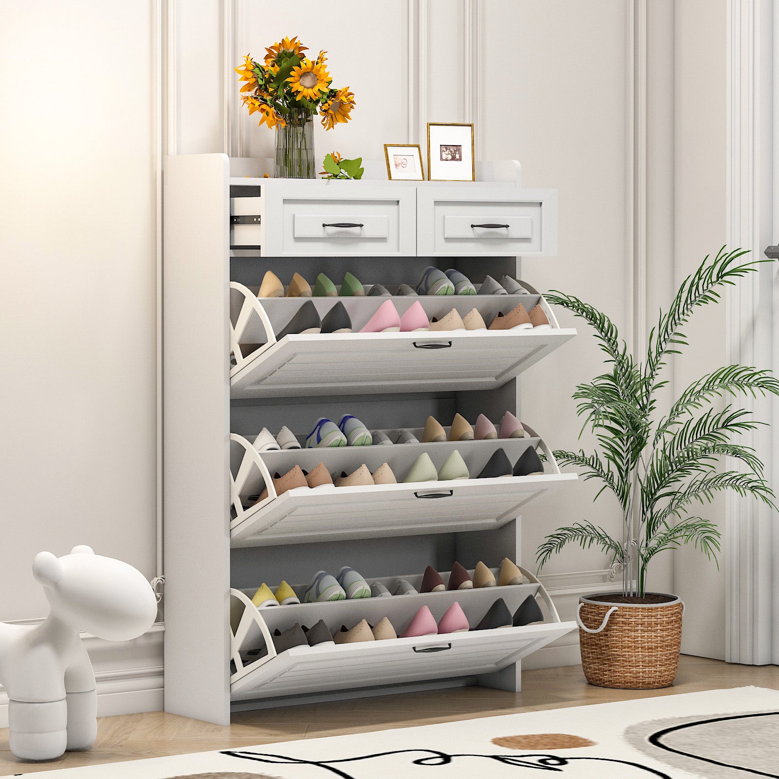 White entryway shoe cabinet with flipout drawers
