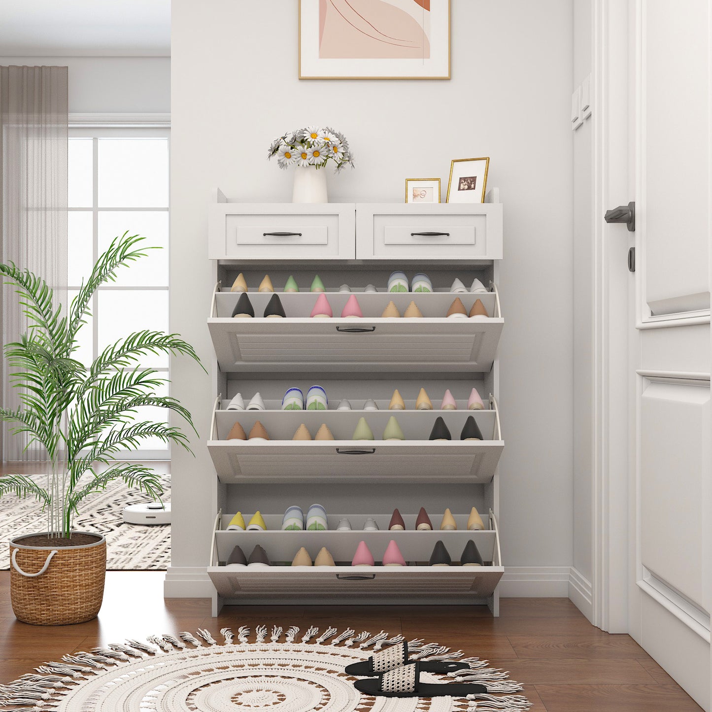 White narrow shoe cabinet with three flipout drawers and two top drawers