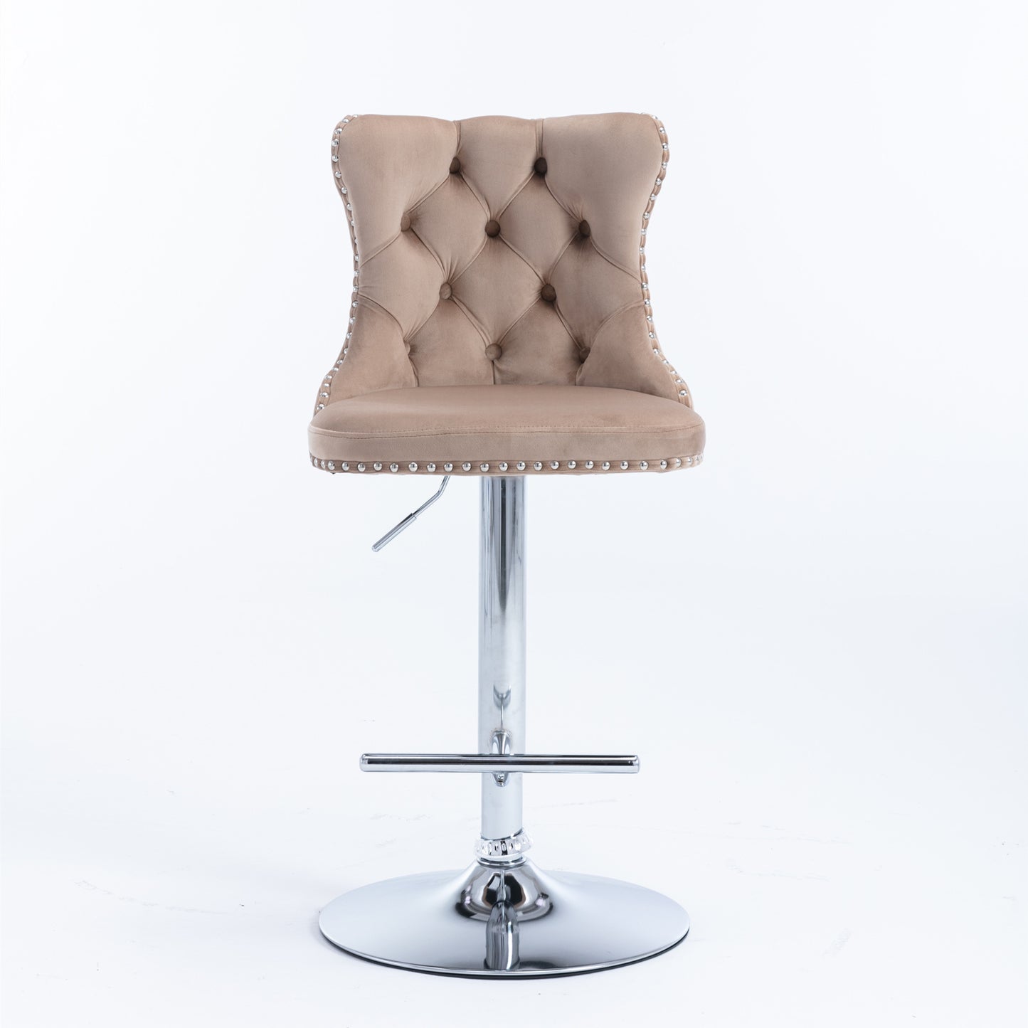 Tufted beige velvet bar stool with silver nailhead trim and adjustable chrome base