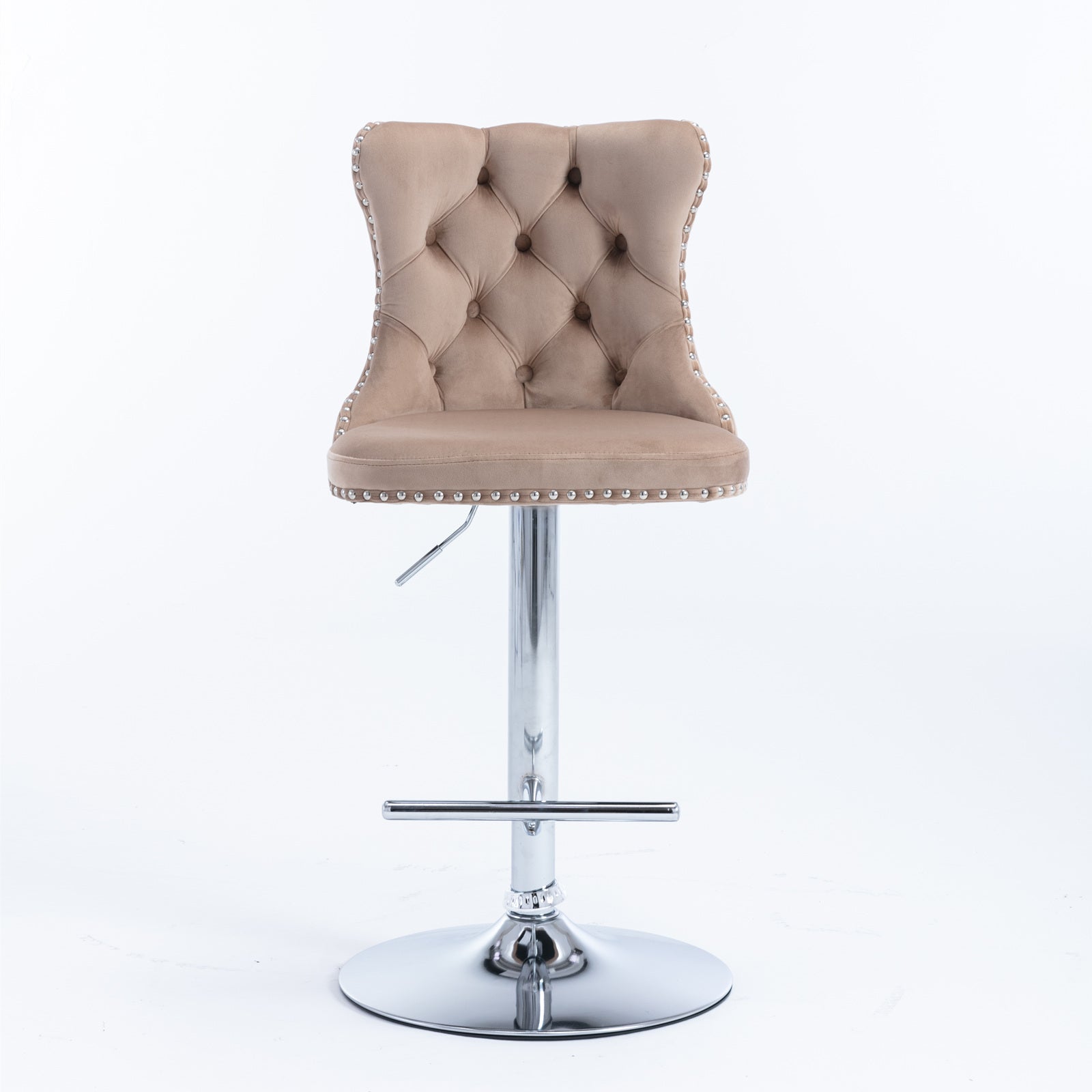 Tufted beige velvet bar stool with silver nailhead trim and adjustable chrome base