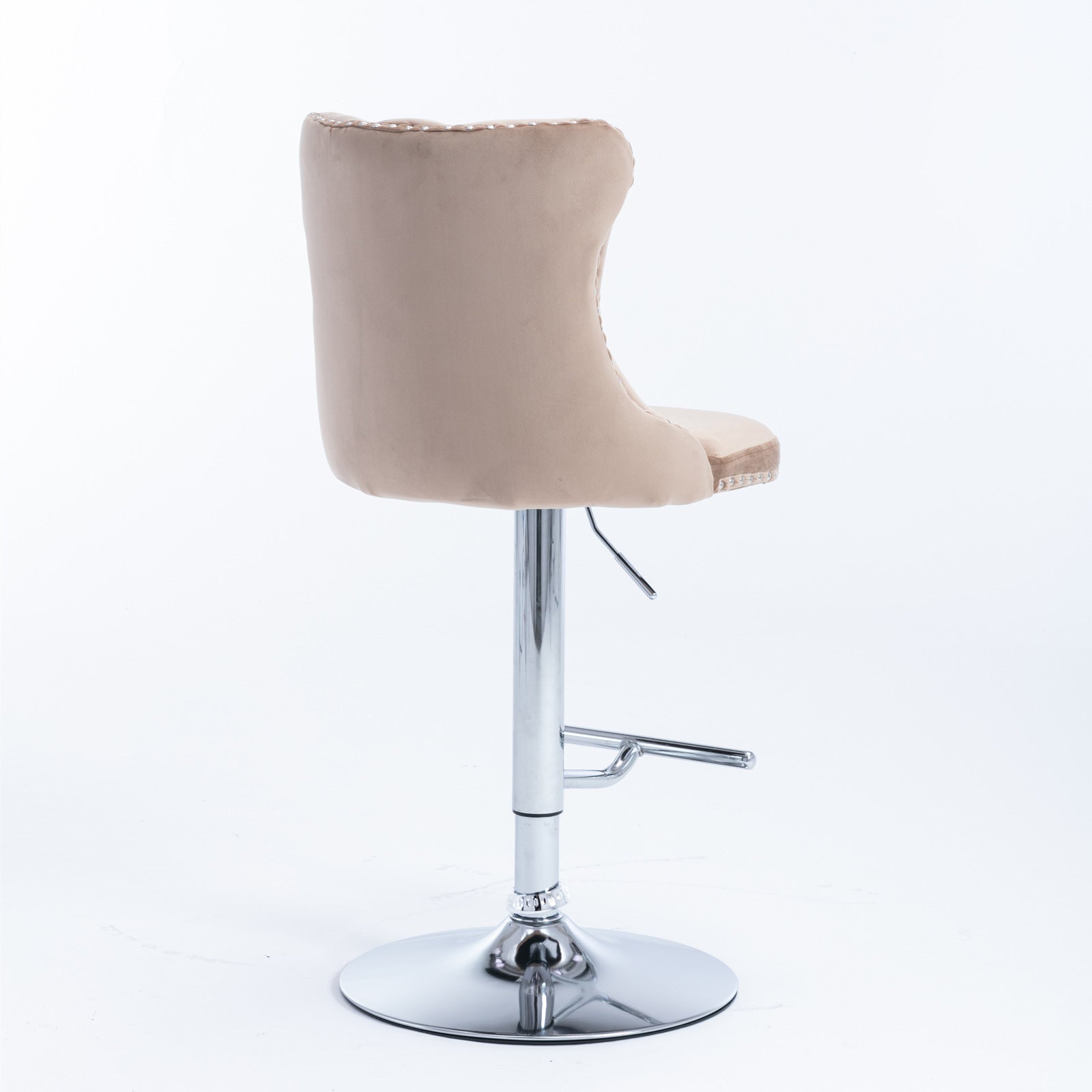 Beige velvet bar stool with tufted back and chrome base