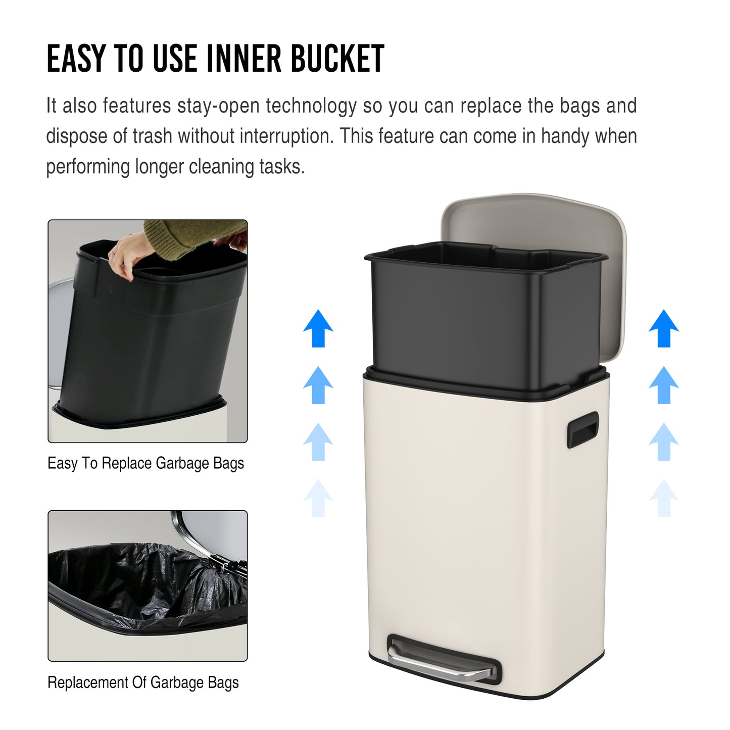 Beige stainless steel trash can with removable inner bucket