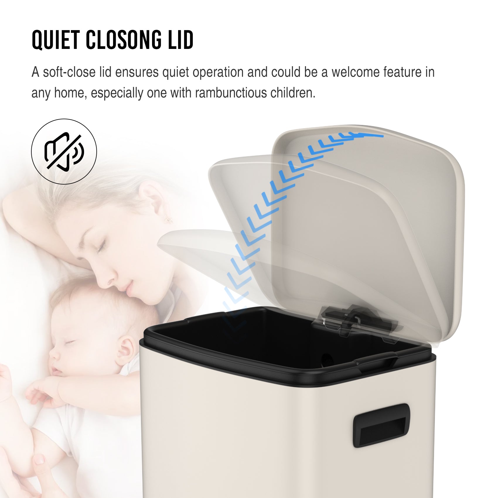 Beige stainless steel trash can with quiet softclose lid mechanism