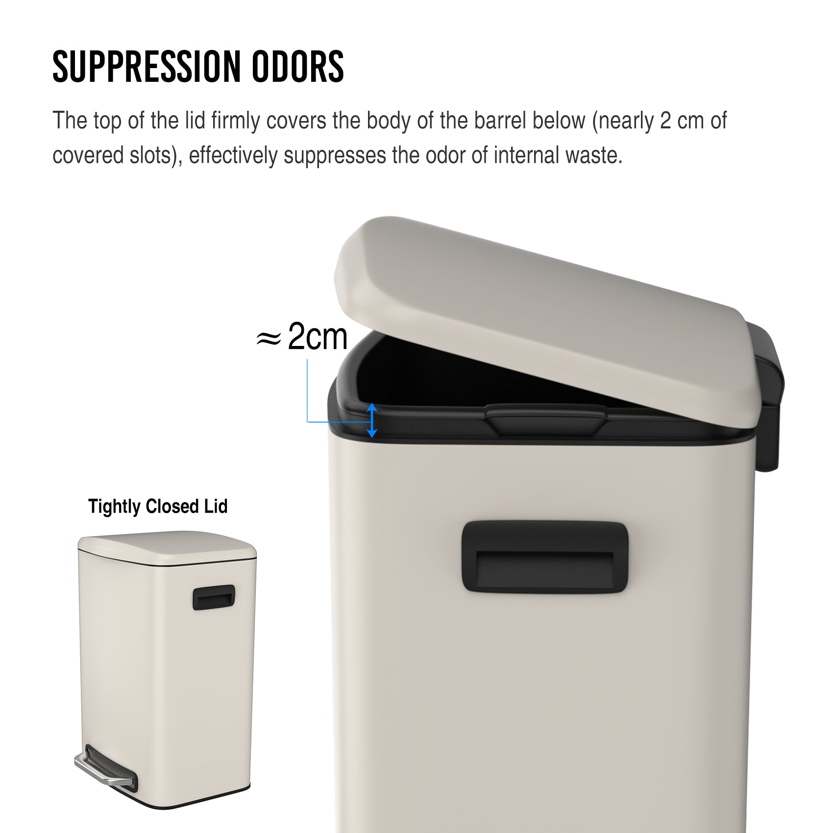Beige rectangular pedal trash can with lid open showing cm seal