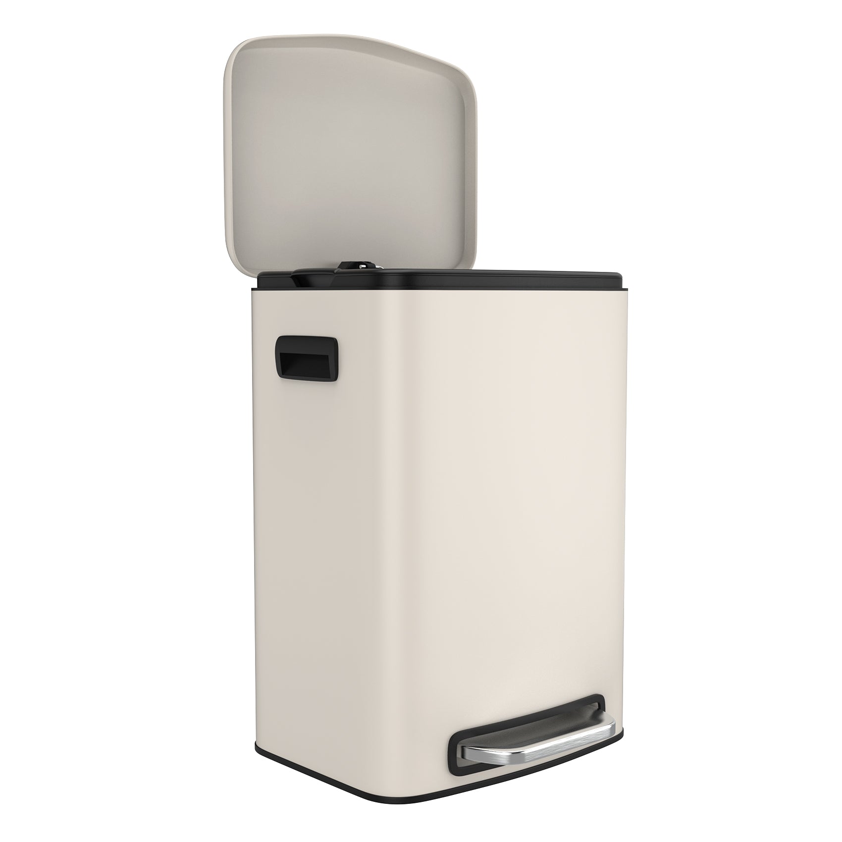 Cream rectangular stainless steel step trash can with open lid