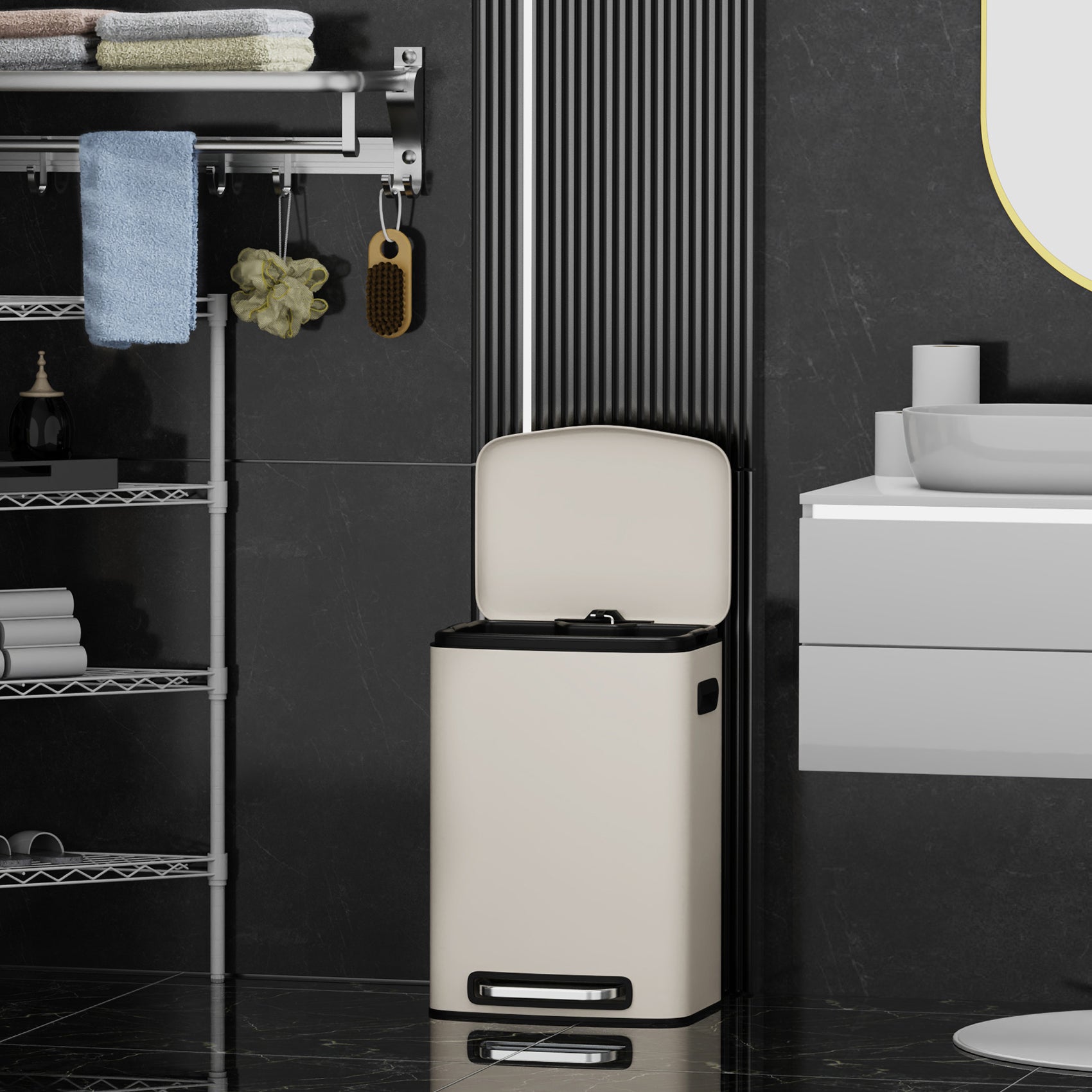 Beige dualcompartment kitchen trash can with foot pedal