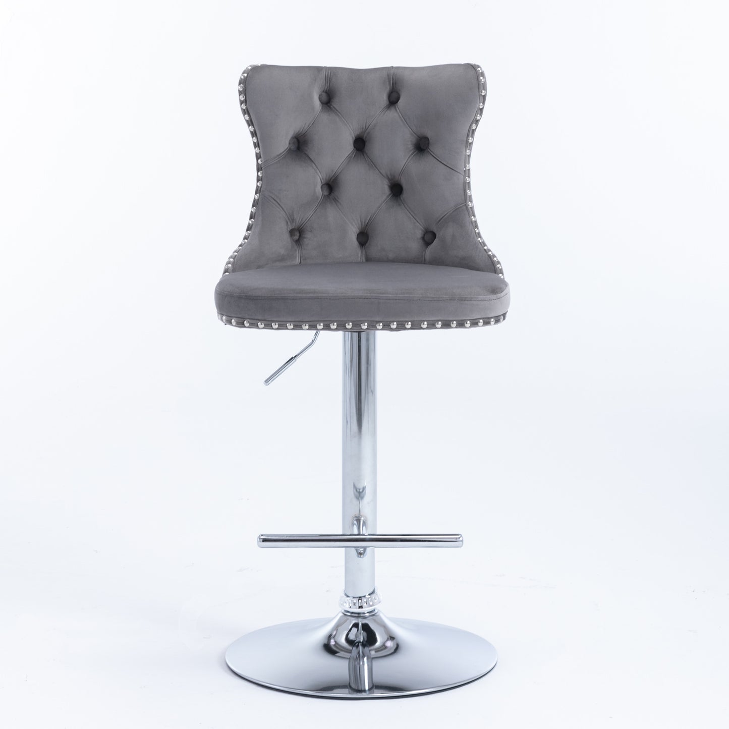 Grey velvet tufted bar stool with chrome base and nailhead trim