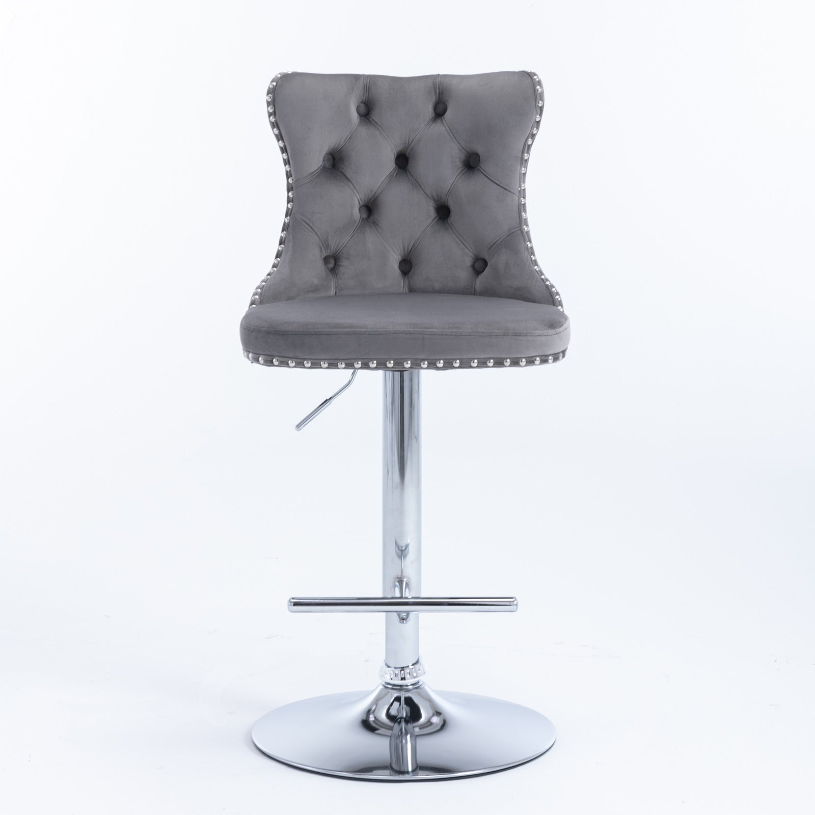 Grey velvet tufted bar stool with chrome base and nailhead trim