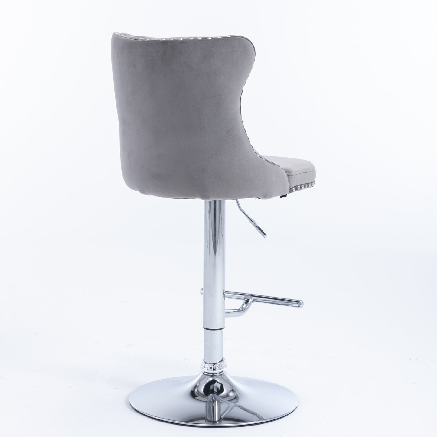 Gray velvet bar stool with studded back