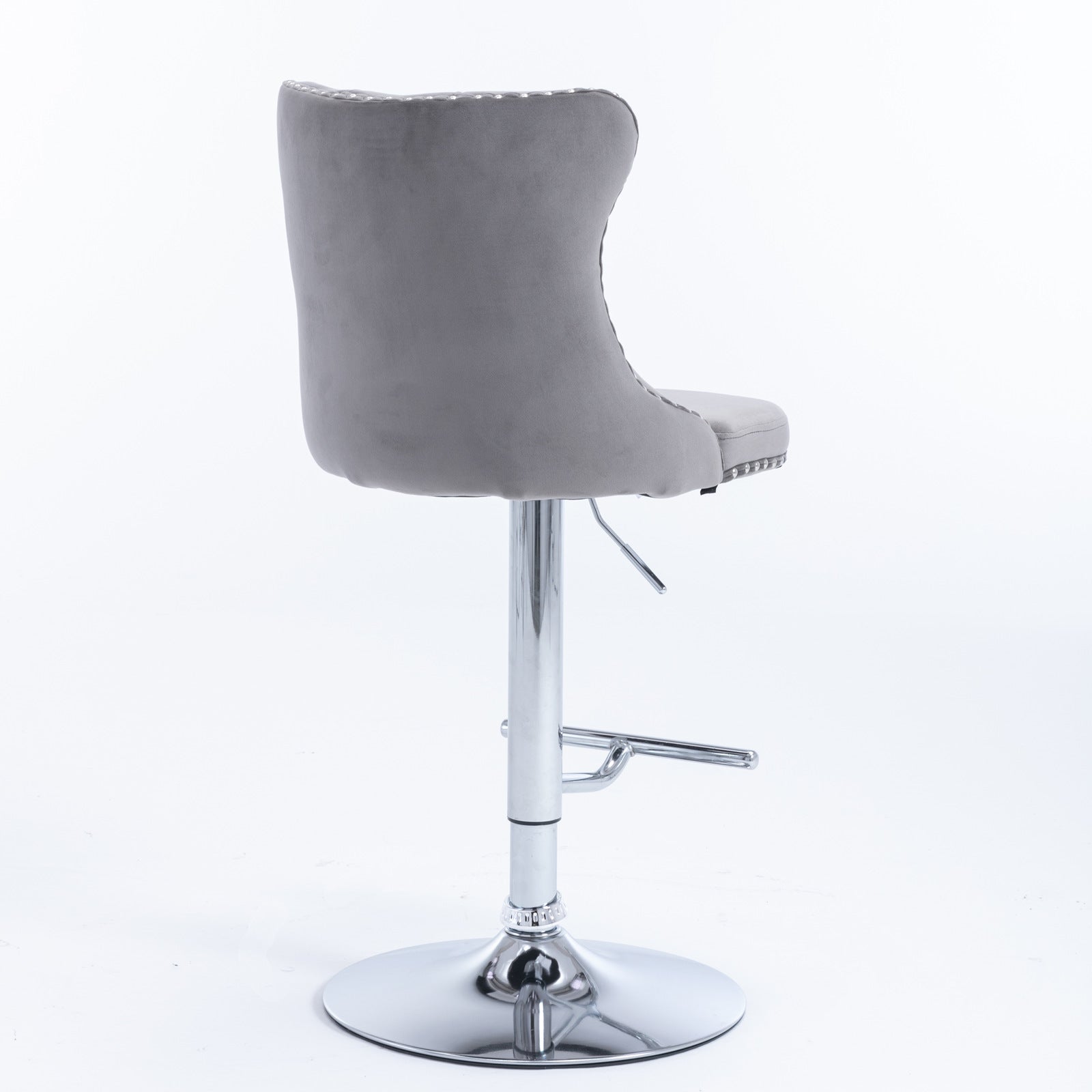 Gray velvet bar stool with studded back