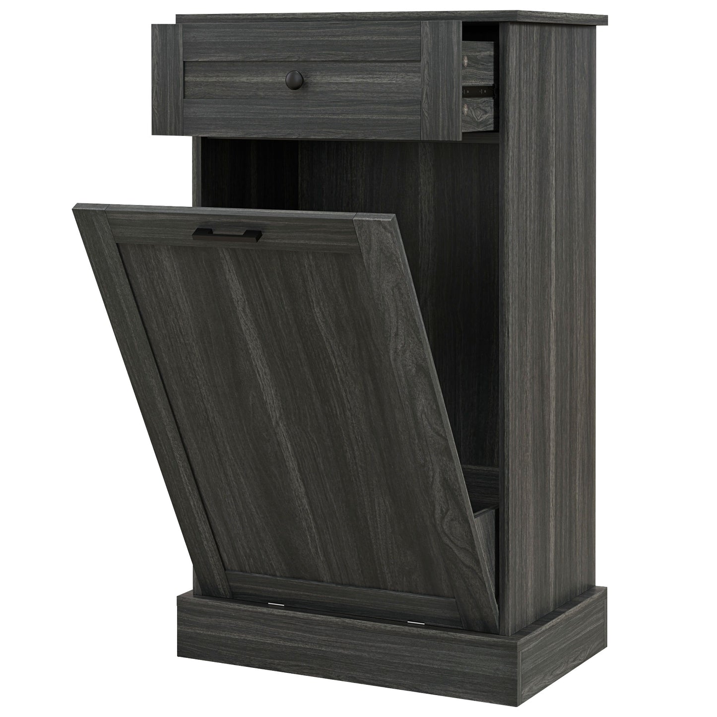 Dark gray wood trash cabinet with hinged door and drawer