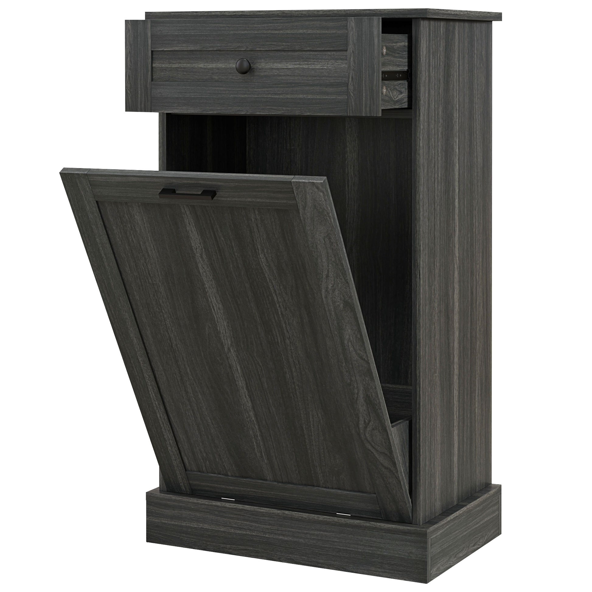 Dark gray wood trash cabinet with hinged door and drawer