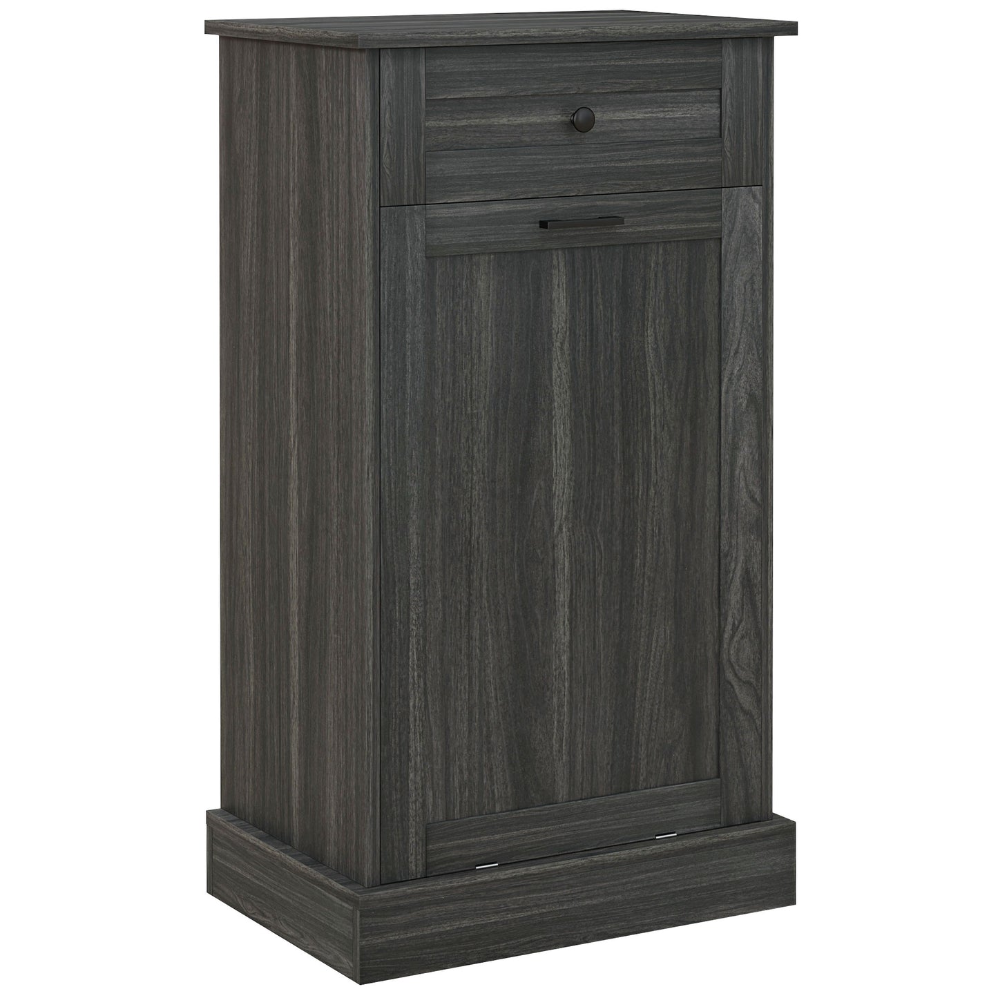 Dark wood trash can cabinet with one drawer