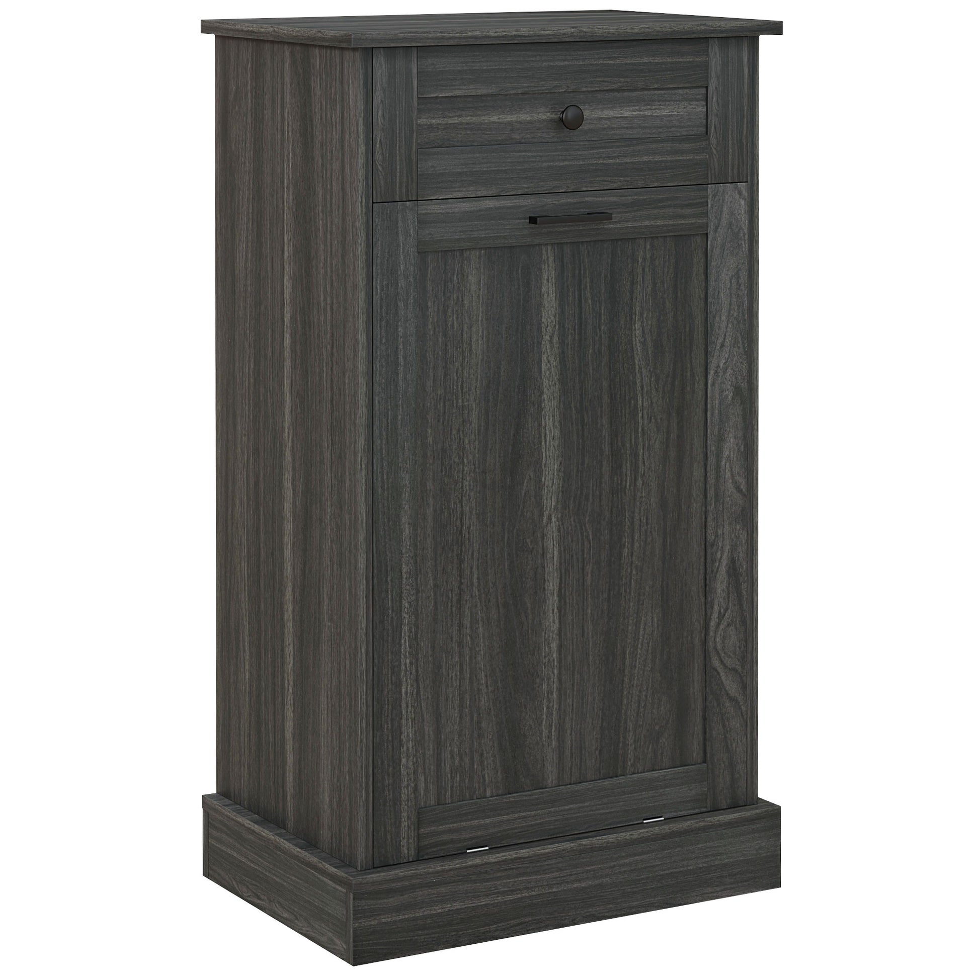 Dark wood trash can cabinet with one drawer