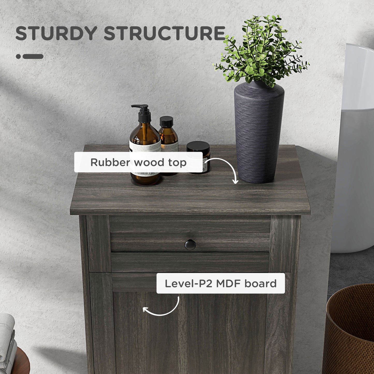 Dark wood bathroom vanity with a rubber wood top