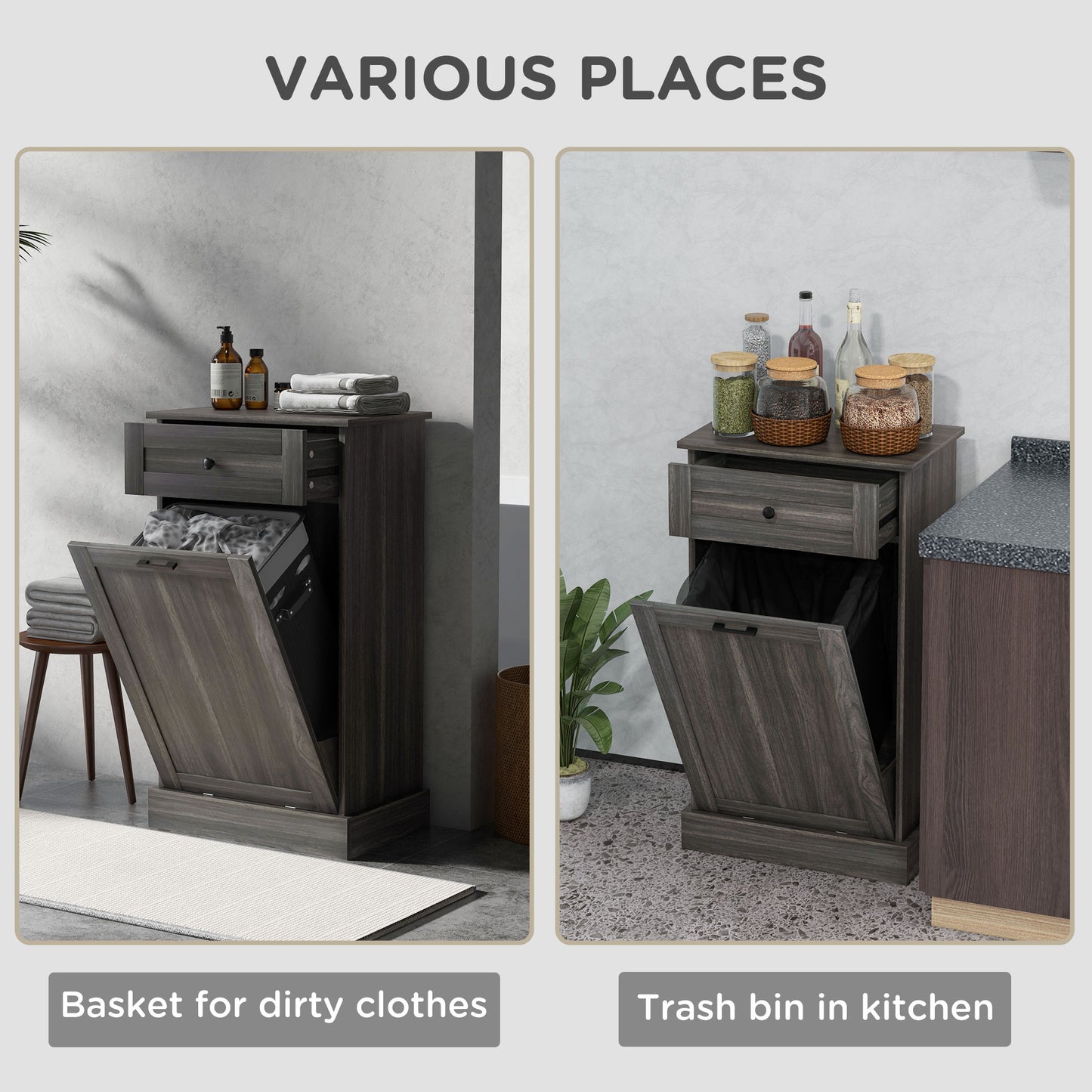 Gray wood laundry basket with drawer for dirty clothes