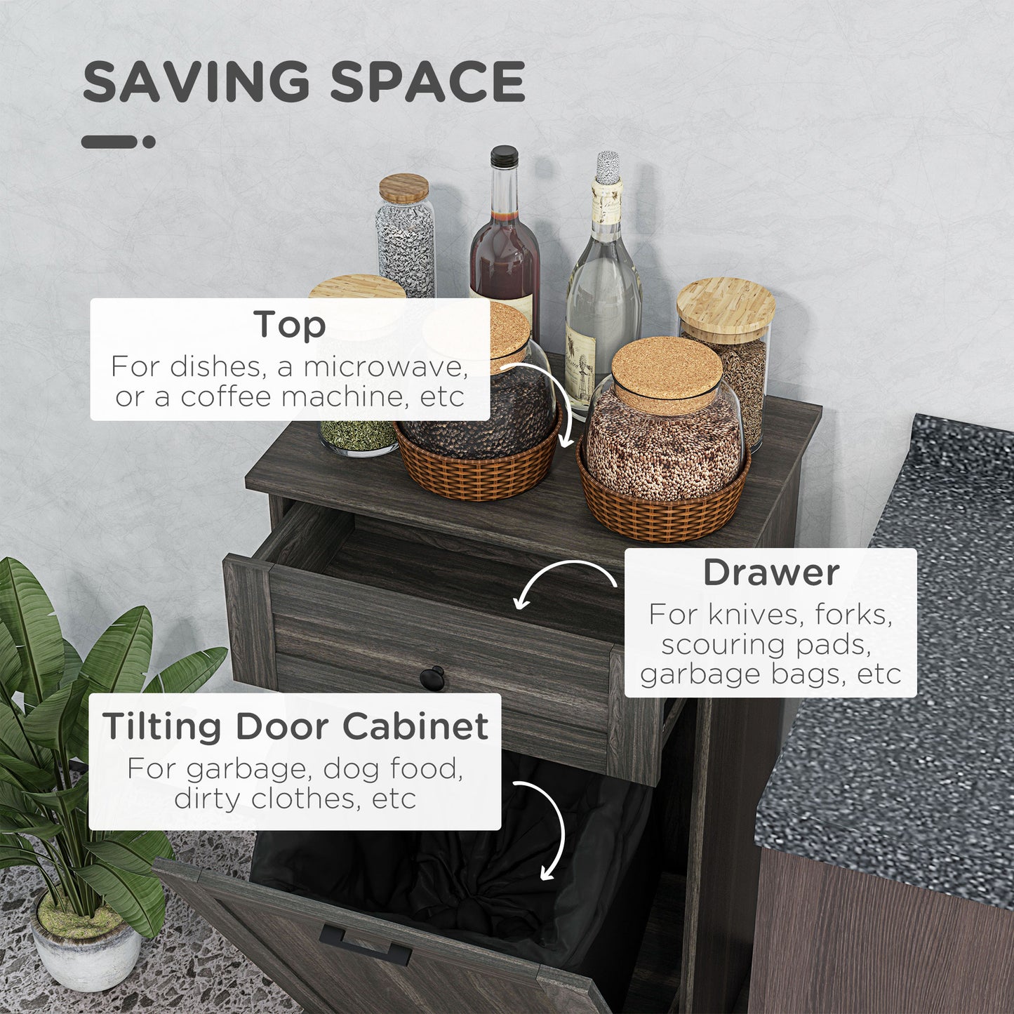 Dark wood kitchen cart with top drawer and tilting door cabinet storage