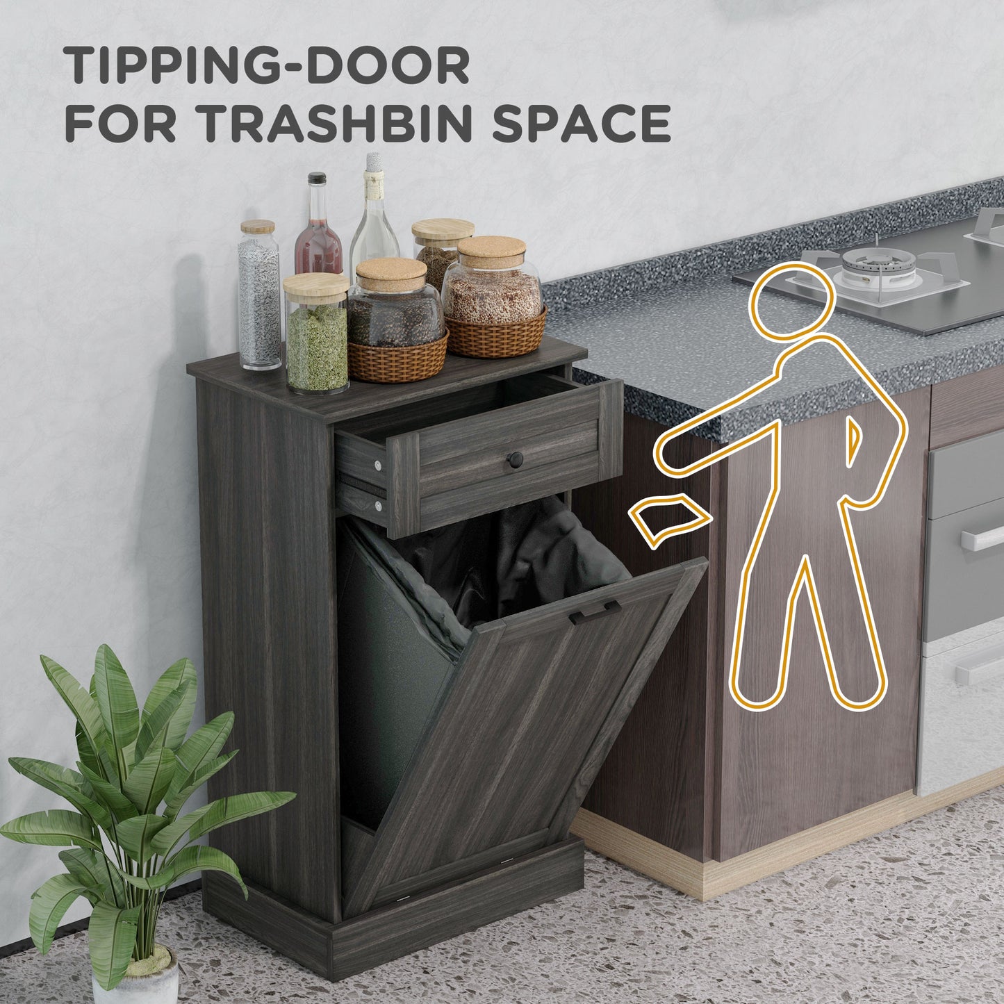Dark grey wooden bin with tipping door perfect for trash storage