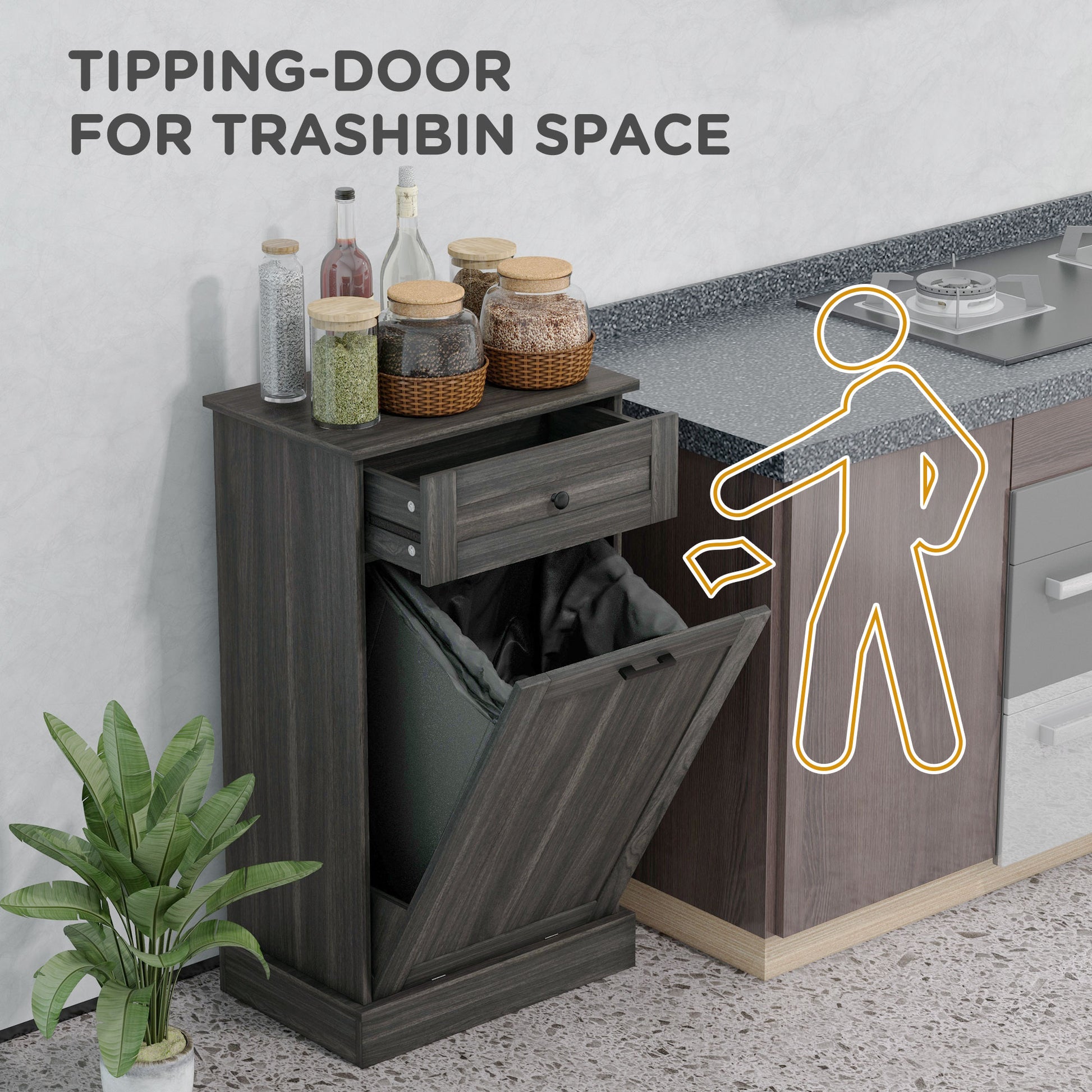 Dark grey wooden bin with tipping door perfect for trash storage