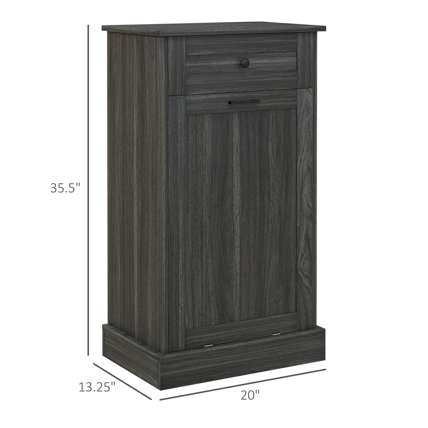Dark grey wood grain trash cabinet with a single drawer and pullout door
