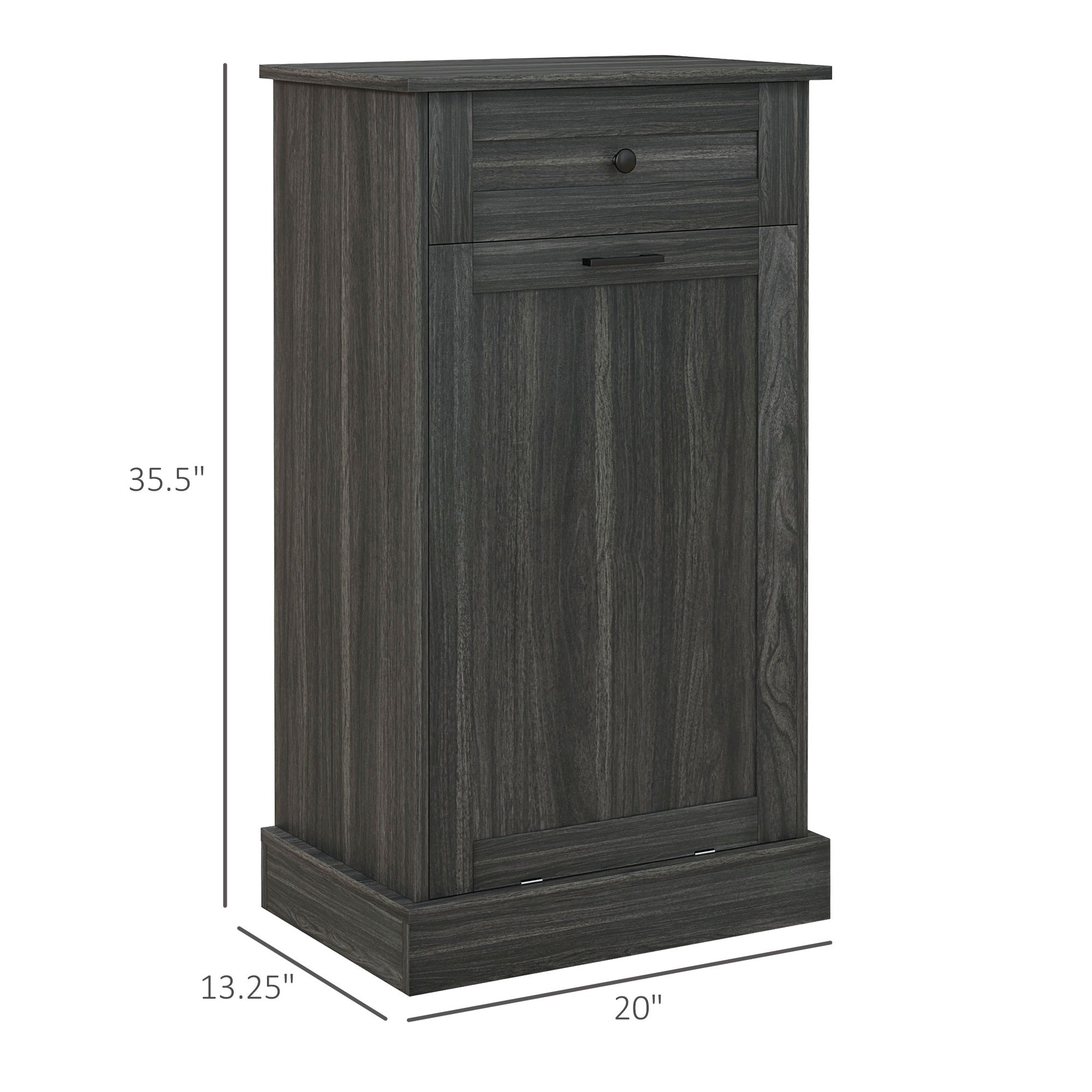Dark grey wood grain trash cabinet with a single drawer and pullout door