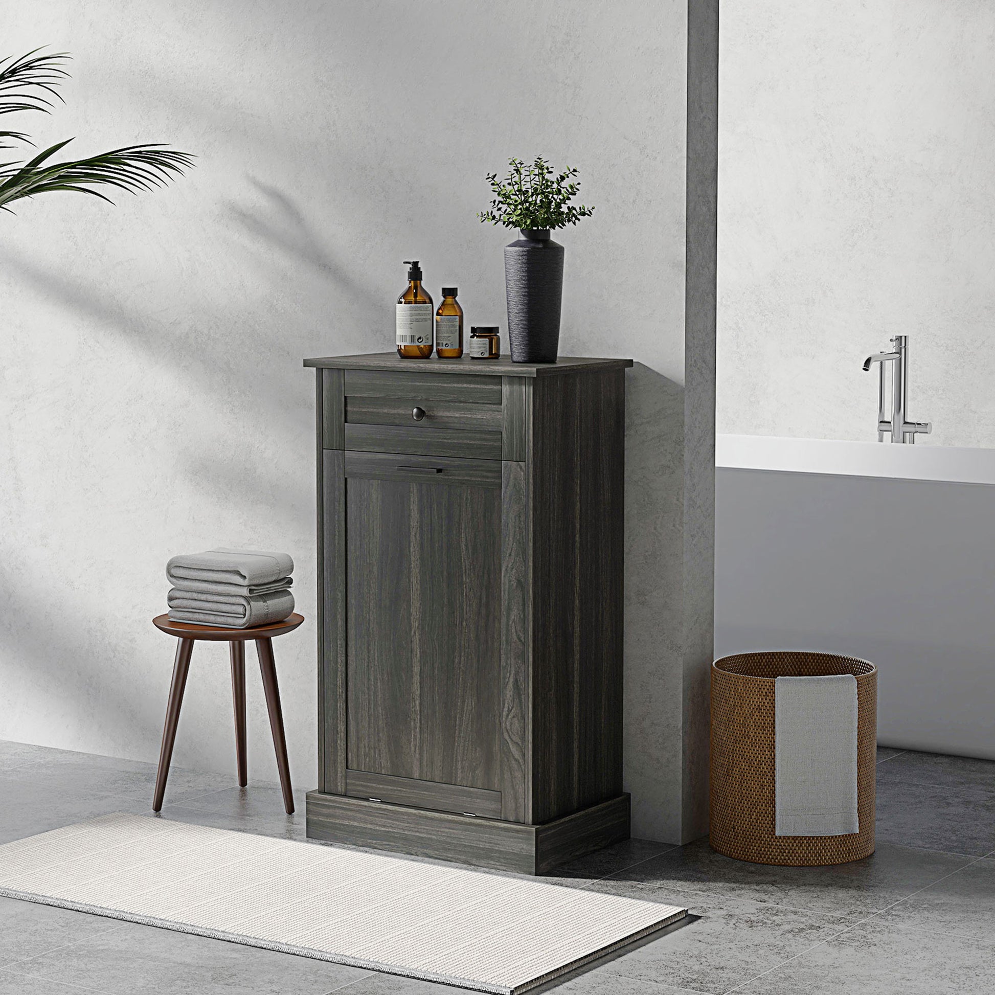Dark grey wood bathroom cabinet with one drawer and a door