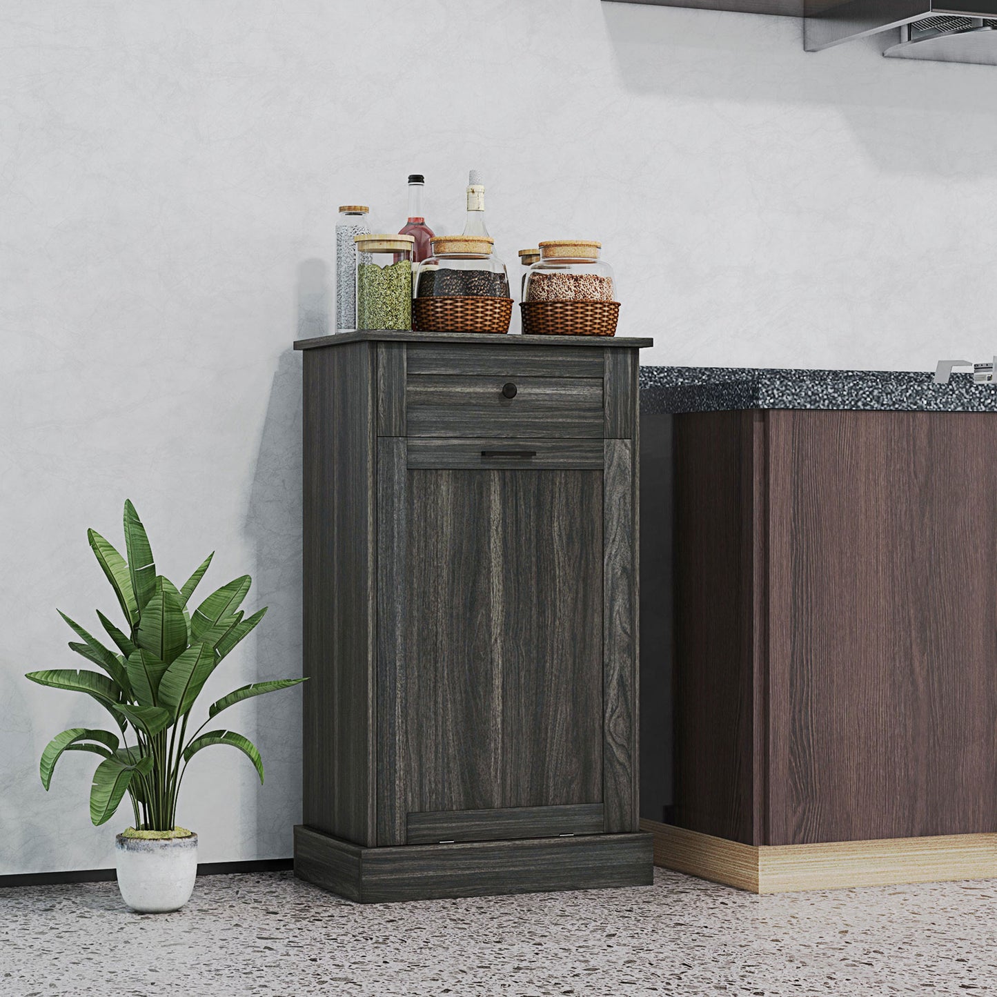 Dark wood kitchen cabinet with storage drawer and cabinet door