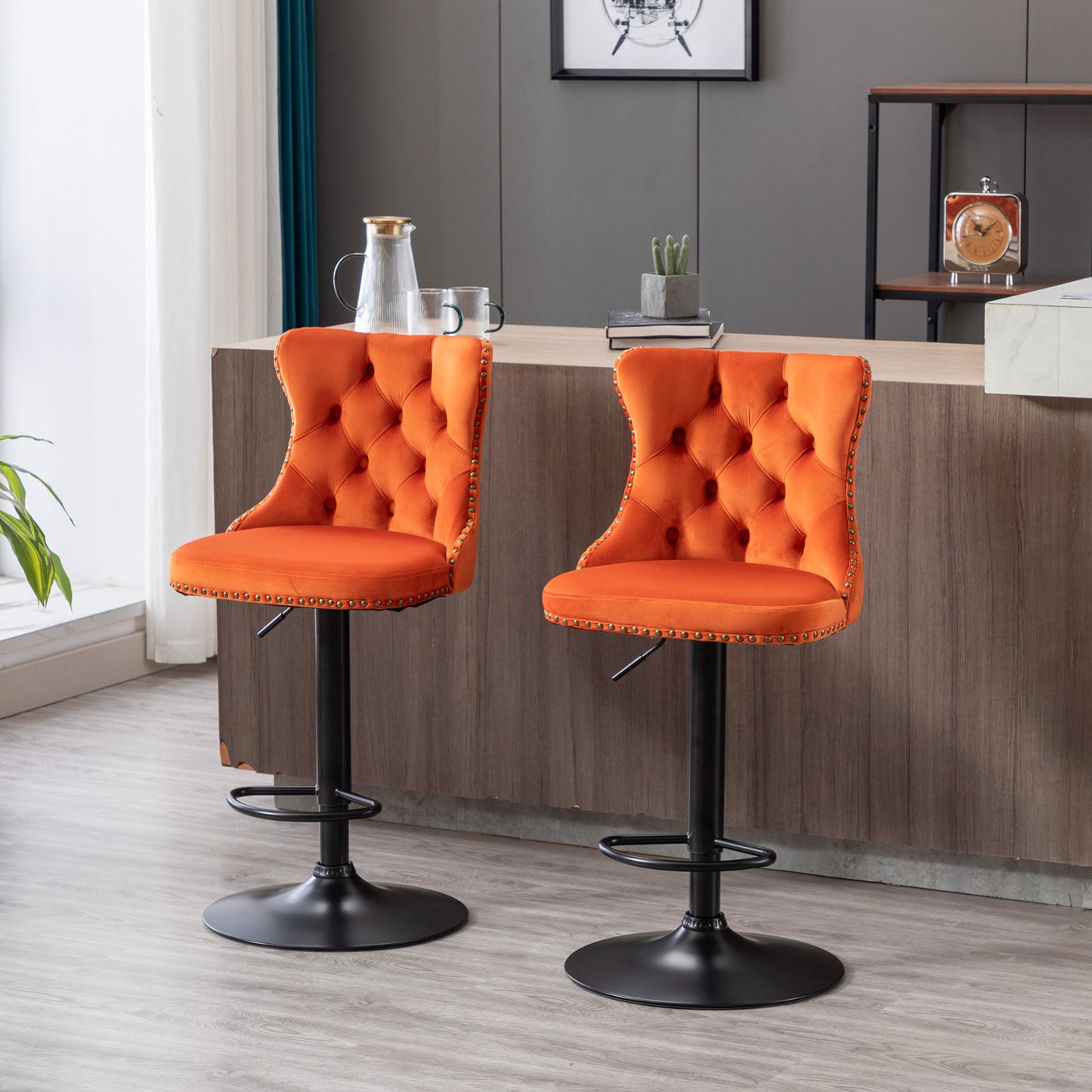 Orange velvet tufted bar stool with nailhead trim and adjustable height