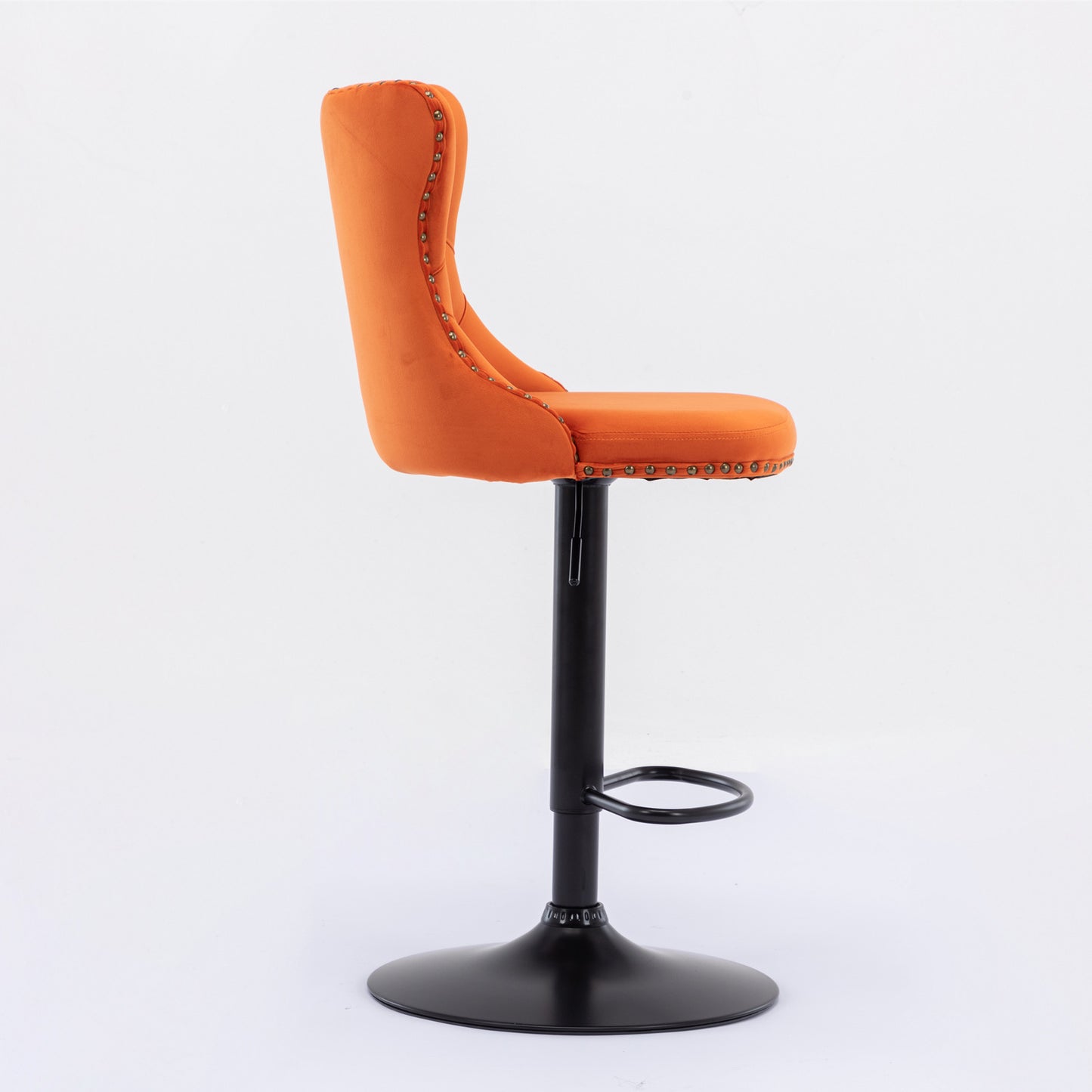 Orange velvet tufted bar stool with adjustable height and footrest