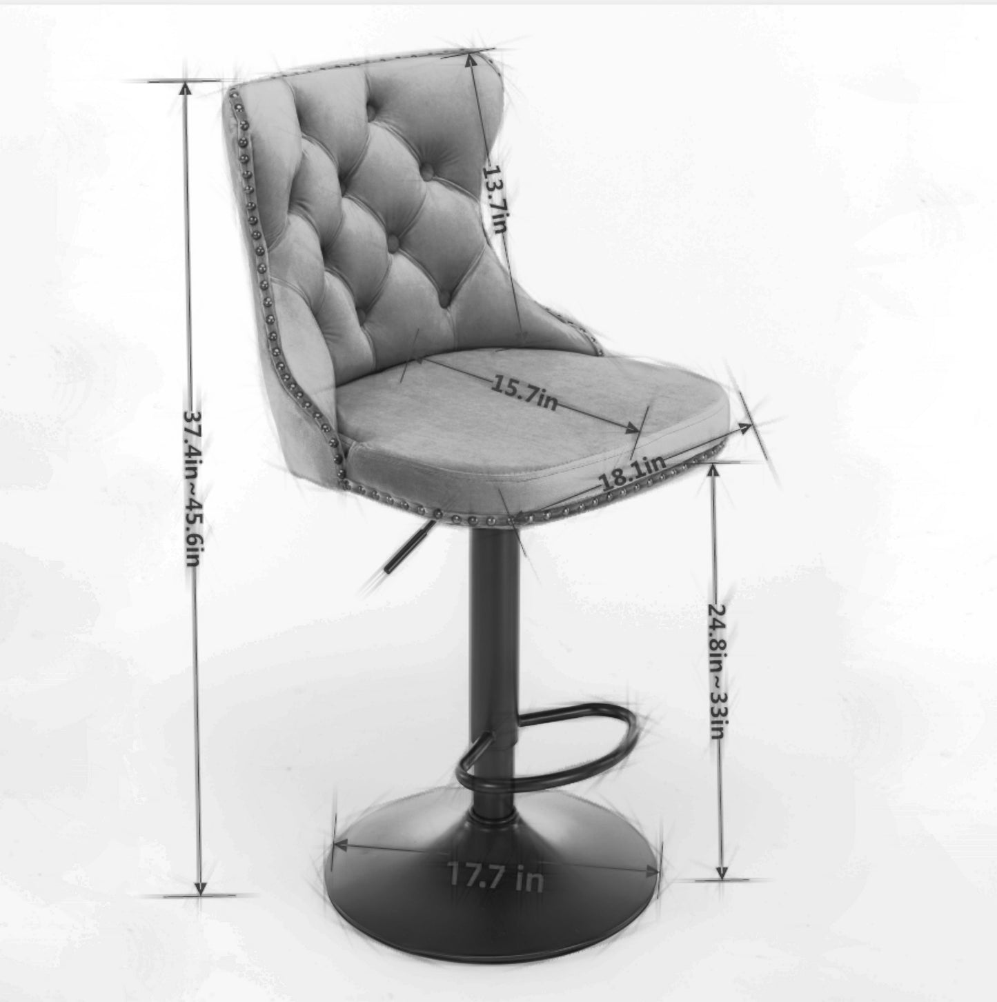 Tufted grey velvet bar stool with silver nailhead trim and adjustable height