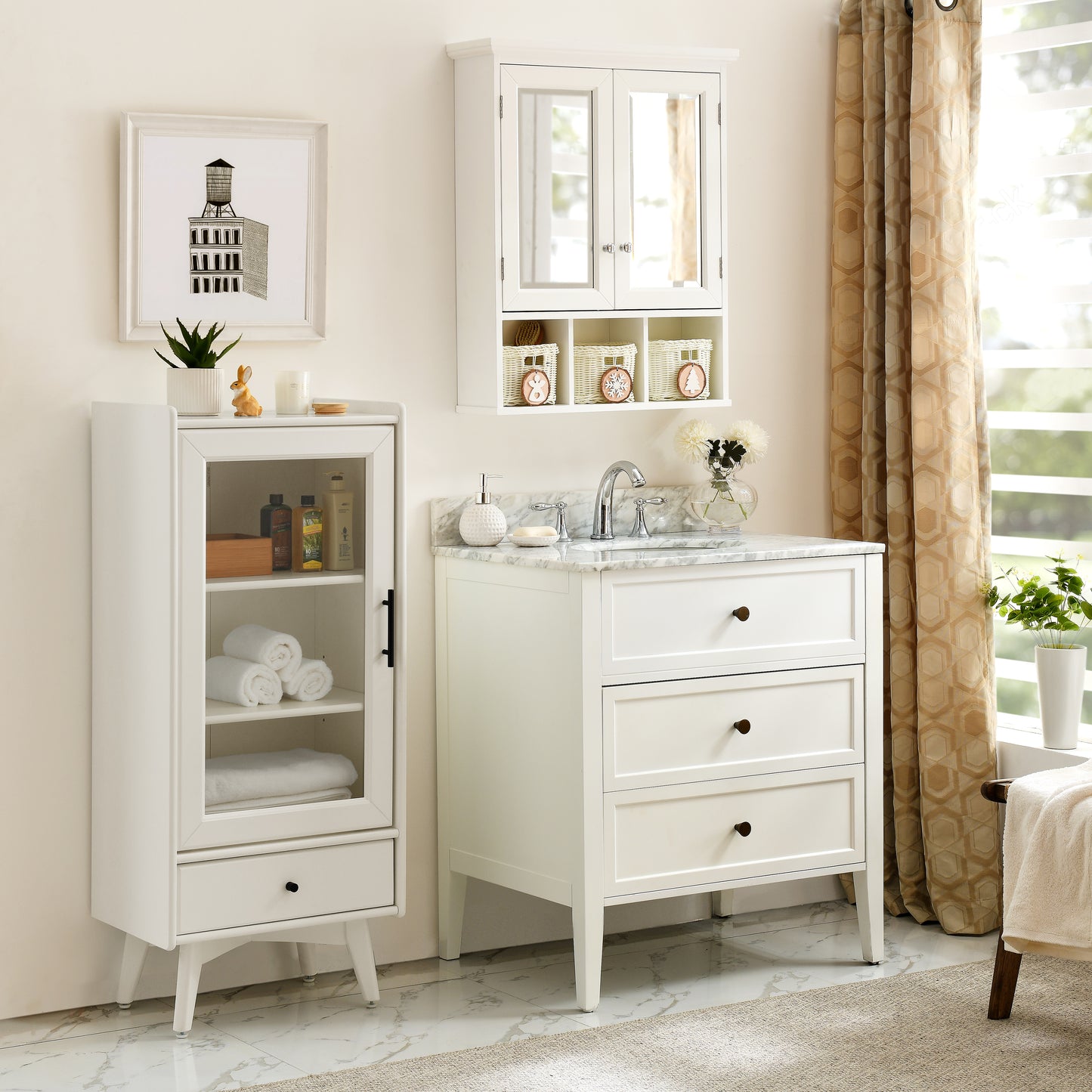White wood bathroom vanity with marble countertop and chrome faucet