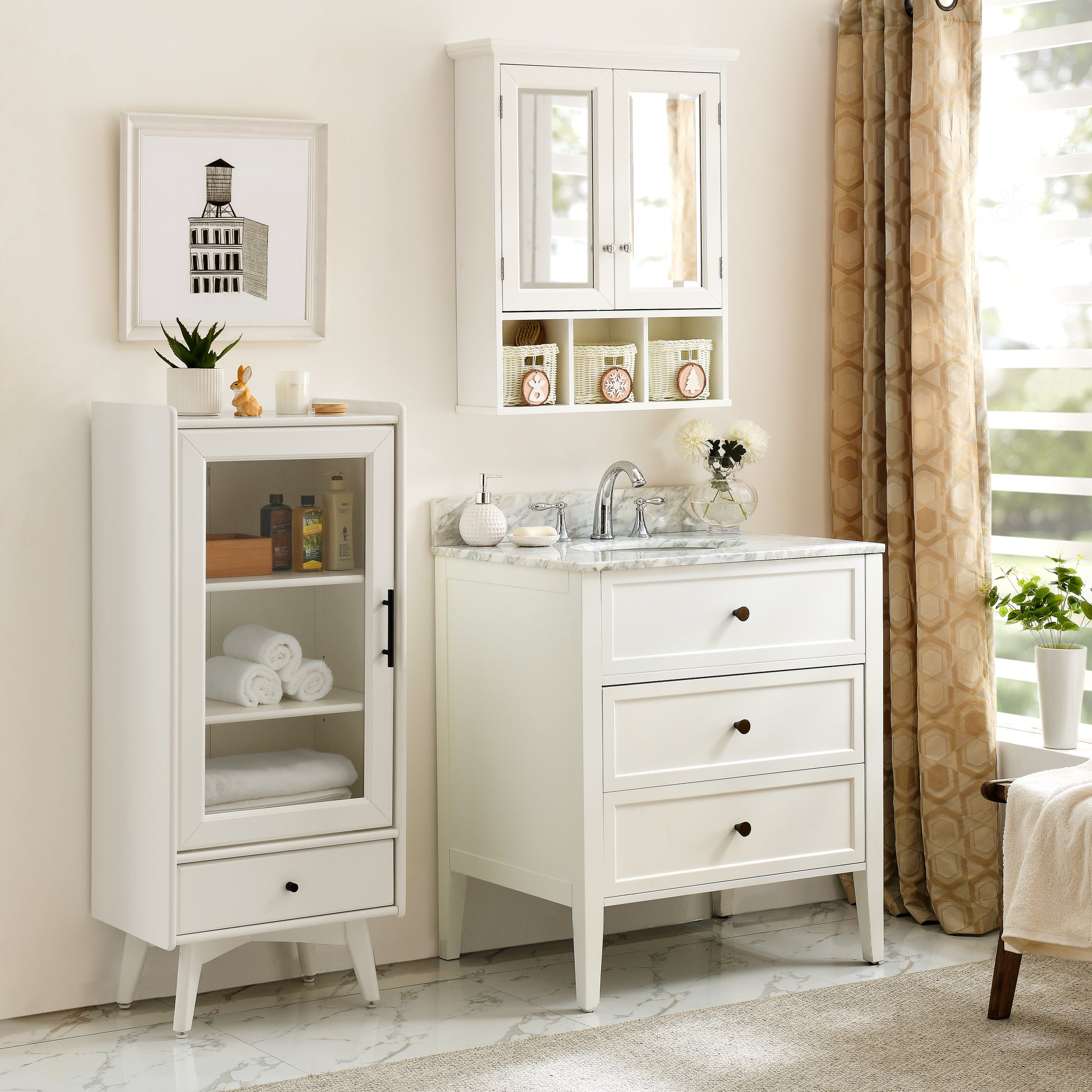 White wood bathroom vanity with marble countertop and chrome faucet